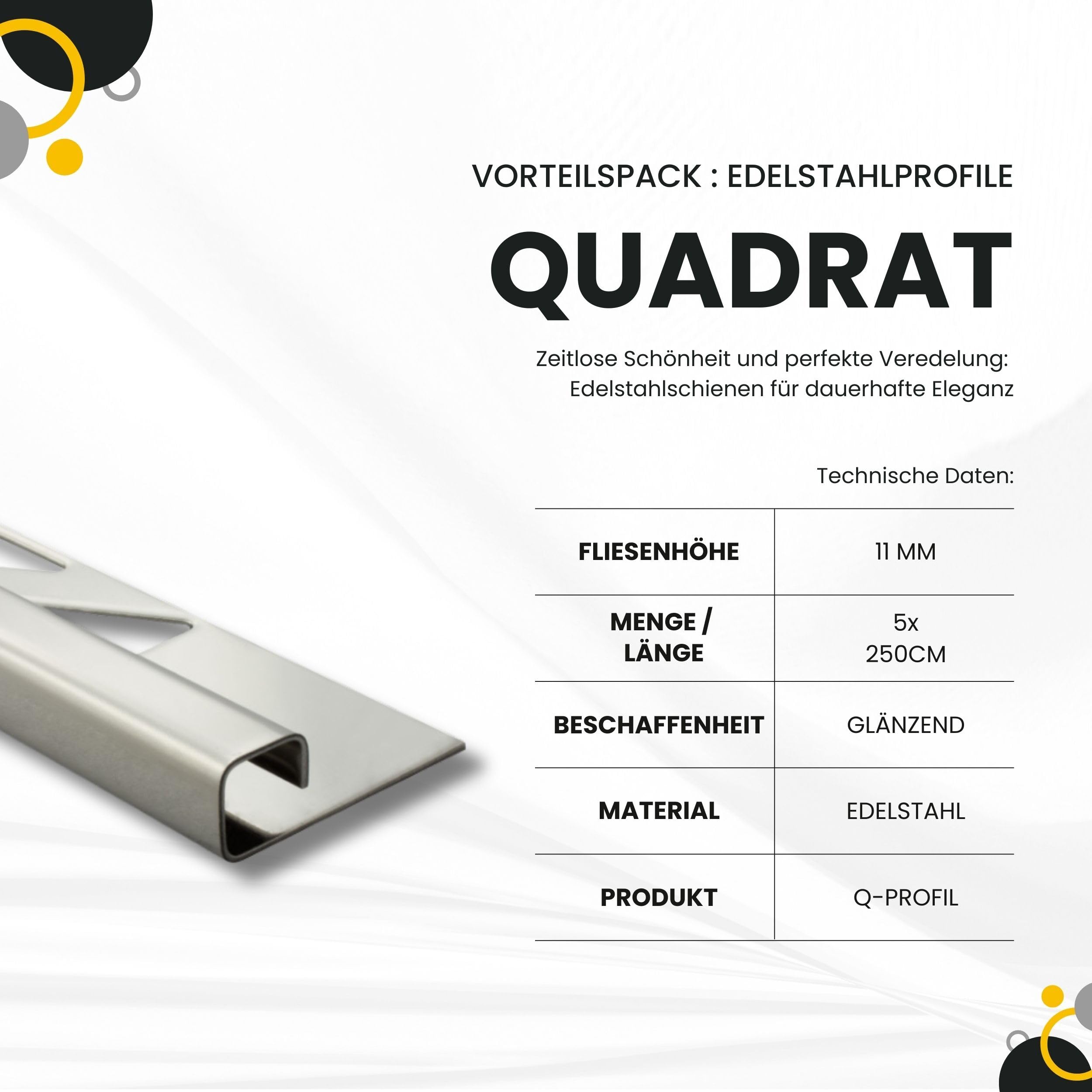 5x Quadrat-Profil Edelstahlschiene Fliesenschiene 2,5m 11mm glänzend