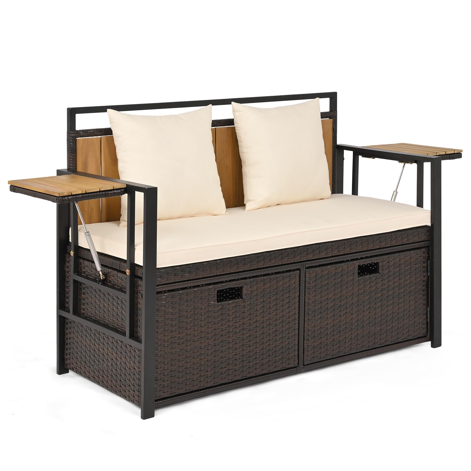 COSTWAY 2 en 1 Banc Coffre Extérieur en Rotin PE, Banc de Jardin 2 Places avec Coussins, Coffre de Rangement 142,5 L, 2 Tables d'Appoint Pliables, Charge 360 kg, pour Terrasse Jardin Balcon (Blanc)