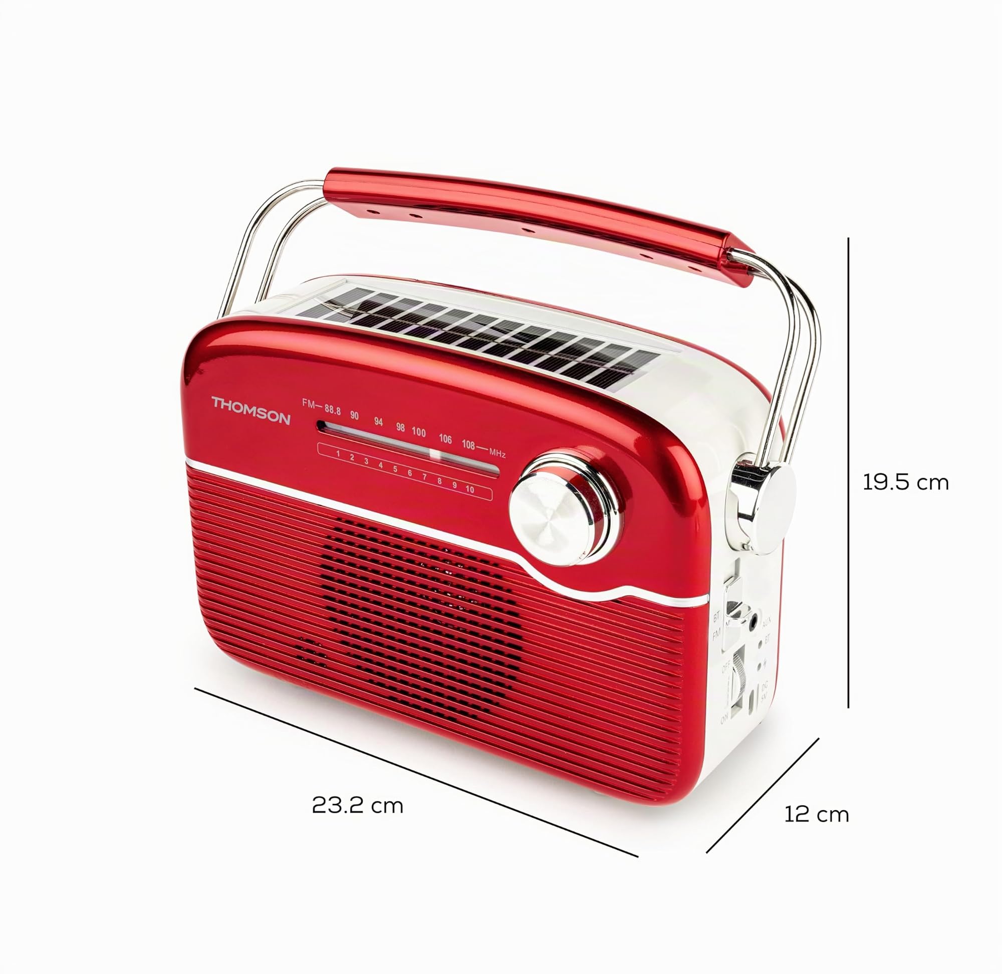 Thomson RT450BTR - Radio FM con Bluetooth y Carga Solar, Antena telescópica, Toma USB-C para Carga, Cable Incluido, Toma AUX 3,5mm, Rojo