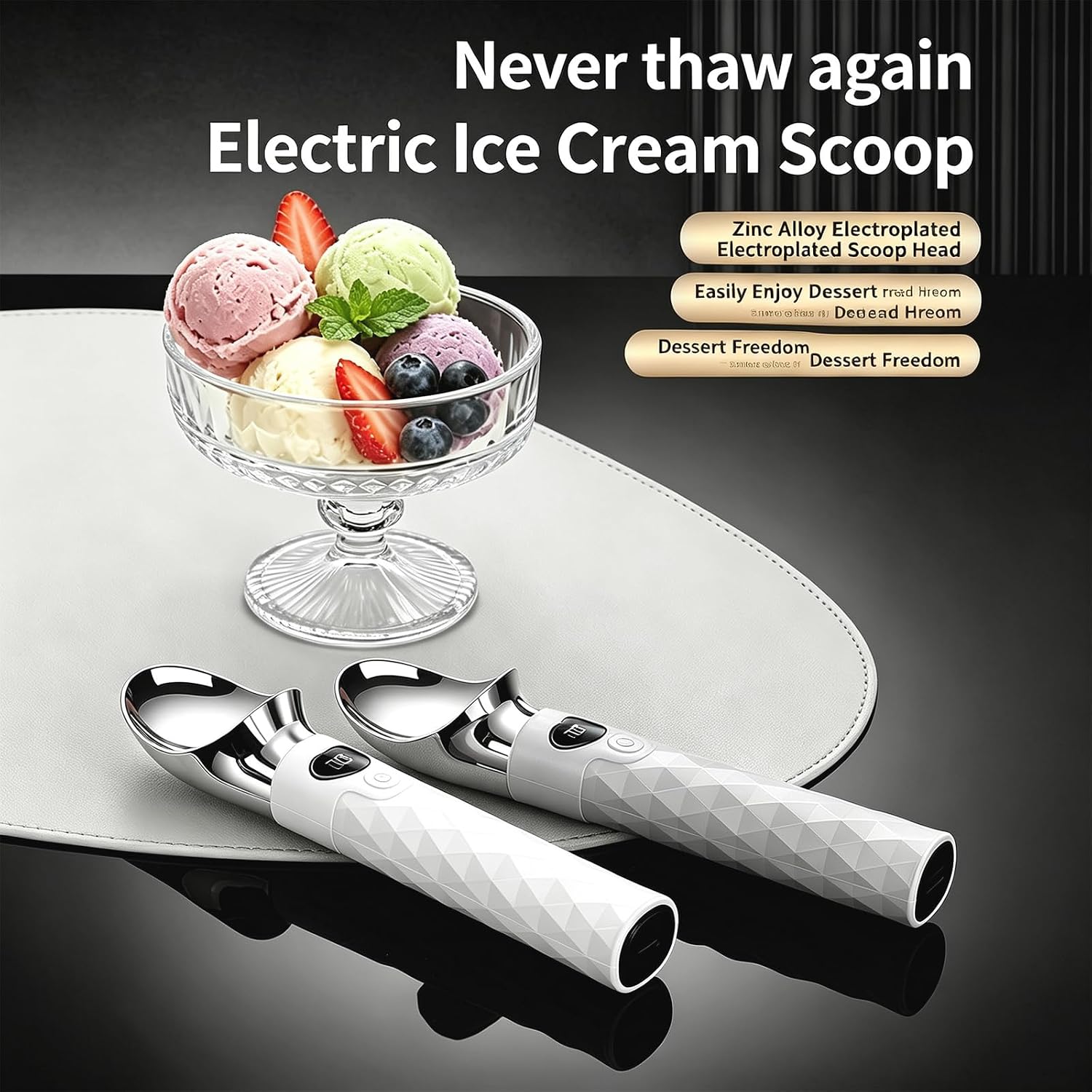 Heated Ice Cream Scoop Rechargeable Electric Scooper with 3 Temperature Settings - 120/140/160 °F, LED Display for Hard Ice Cream, Food-Grade, IP68 Waterproof.