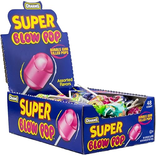 Charms Super Blow Pop Lollipops - Dual Candy and Gum Suckers - Holiday Size Bulk Treats for Kids and Adults - Assorted Flavors, 48 Count