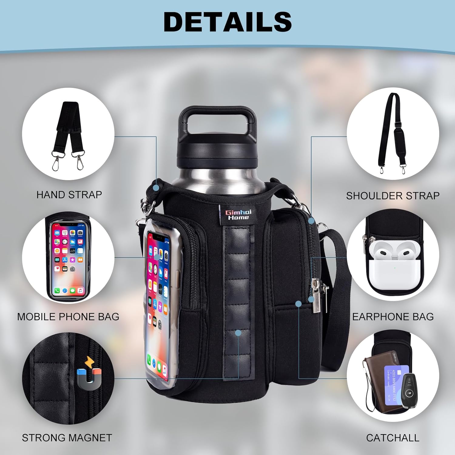Magnetic Gym Bags for Men & Women with Adjustable Strap,Magnetic Bag Water Bottle Holder for Travel, Work,Sports,Water Bottle Sling Bag with Pocket (Black) - Image 4