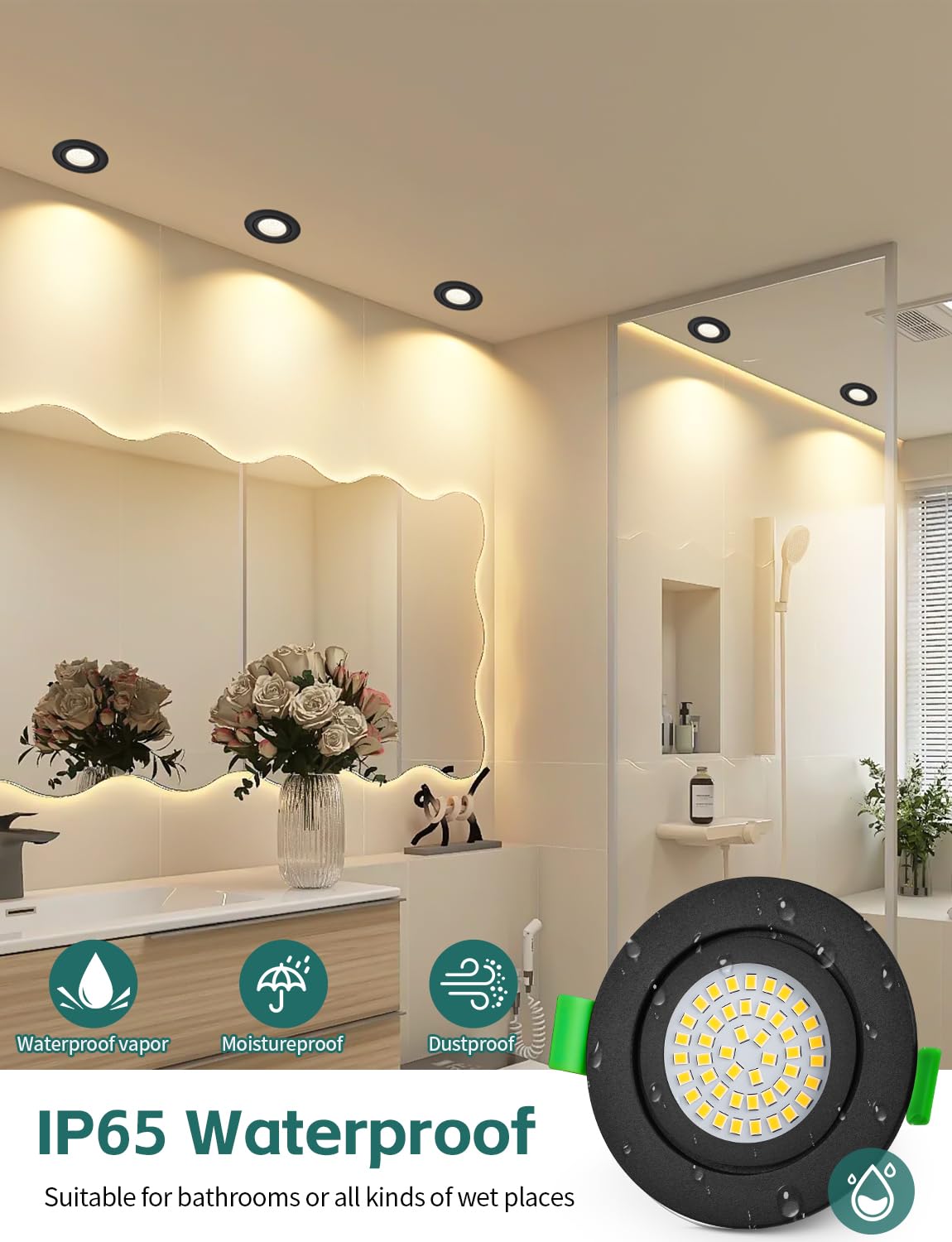 KYOTECH Downlight LED Techo Empotrable Regulable 65-75mm Extraplano Foco Empotrable LED Techo 5W IP65 Ojos de Buey Blanco Neutro 4000K Focos Interior para Baños, Negro 6 Pack (No Rotatorio)
