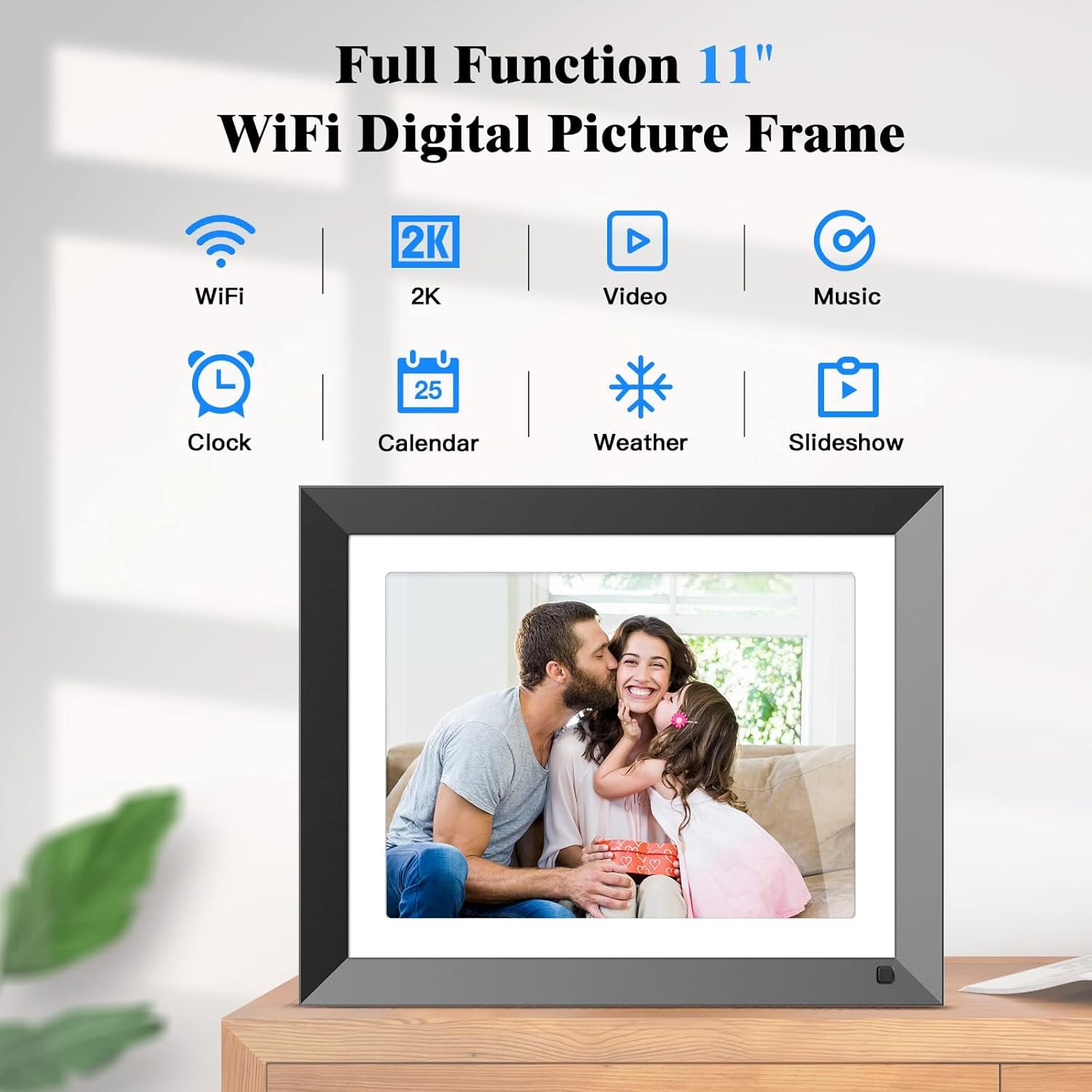 Digital photo frame displaying various function icons including slideshow, video, music, clock, calendar, and weather