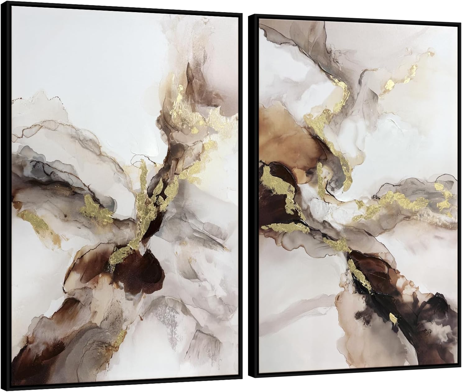 SAFERRYHOME Neutral Abstract Wall Art, Gold and Brown Marble Framed Canvas Wall Decor, Modern Fluid Texture Painting Artwork, Contemporary Minimalist Picture for Home Office Living Room, 24"x36"x2