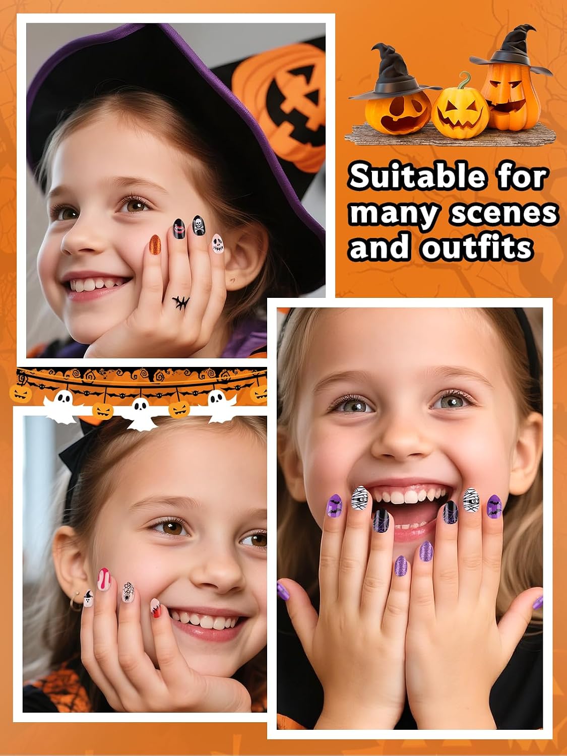 EBANKU Halloween Kid Press on Nails, 72Pcs Almond Fake Nails Kit Full Cover image 4