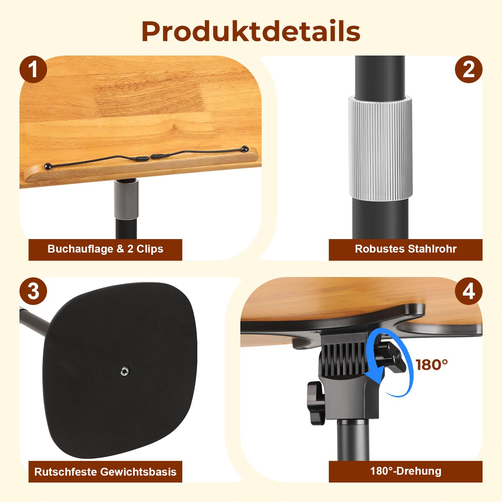 Buchständer Buchhalter Leseständer Notenständer Holz 180°-Neigung | 3 in 1 50-130 cm Höhenverstellbarer mit Elastische Seitenclips für Musiknoten Rezepte Tablet Laptop