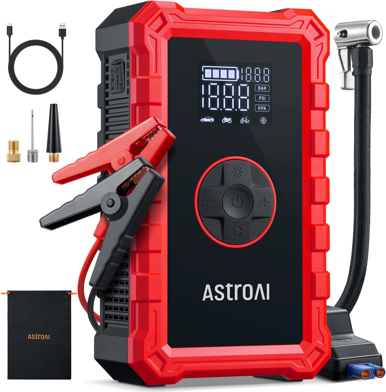AstroAI S8 Air Jump Starter with Air Compressor,3000A Peak Car Battery Jump Starter Portable (9.0 Gas/6.5L Diesel) with 150PSI Cordless Auto-Shutoff Tire Inflator, 12V Battery Charger Booster(Red)