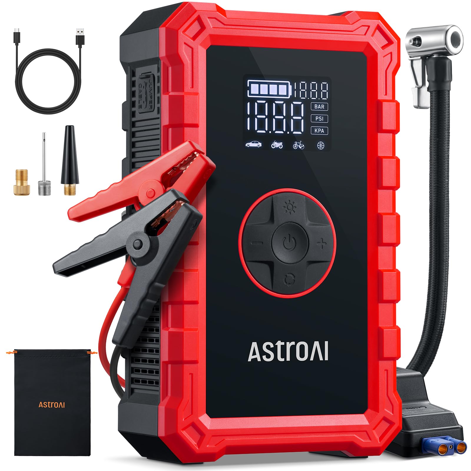 AstroAI S8 Air Jump Starter with Air Compressor,1500A Peak Car Battery Jump Starter Portable (6.0 Gas/3.0L Diesel) with 150PSI Cordless Auto-Shutoff Tire Inflator, 12V Battery Charger Booster(Red)
