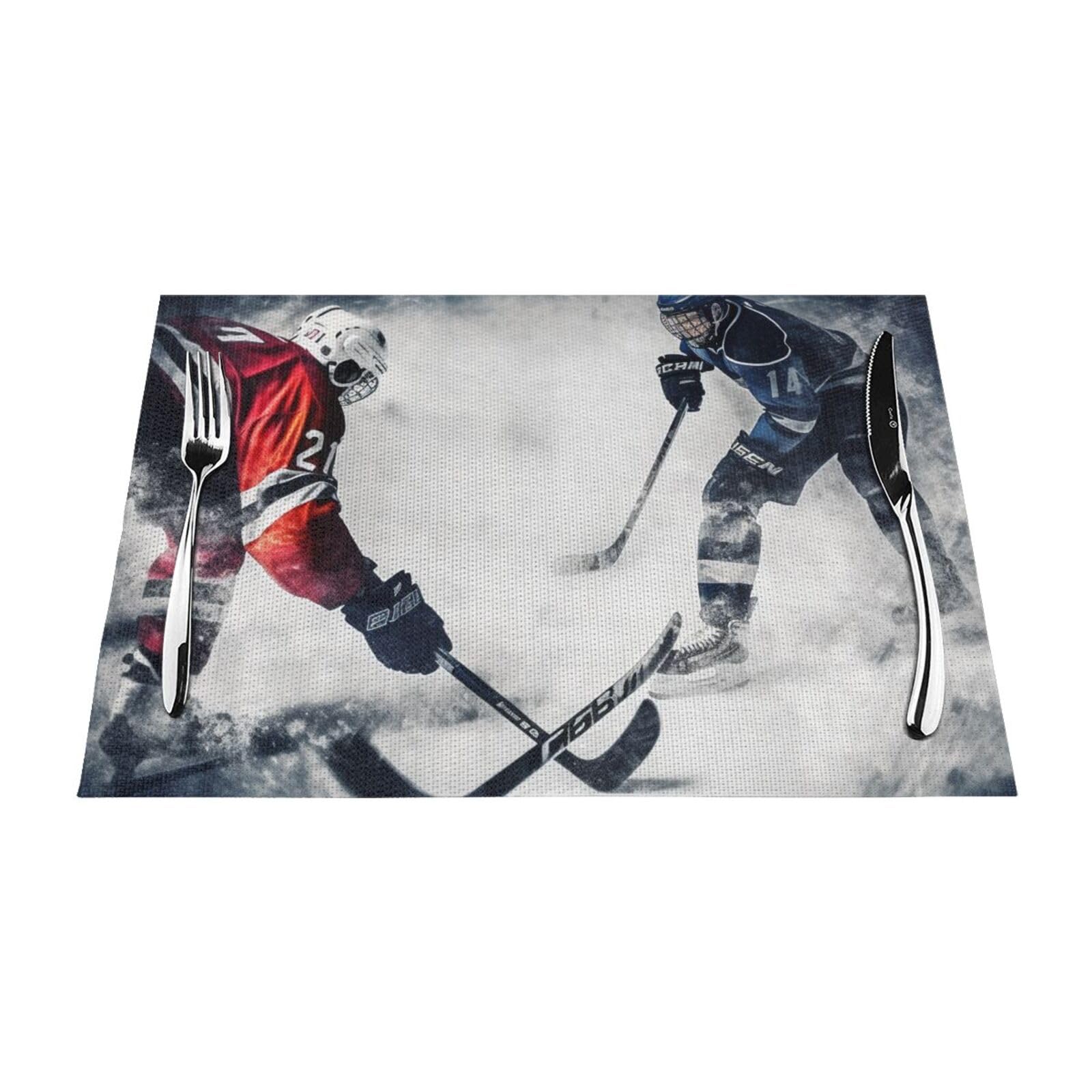Ice Hockey Art Placemats Set of 1 - Woven Vinyl Kitchen Table Placemats - Heat Resistant Non-Slip Place Mats for Dining Table, Washable Indoor Outdoor Table Mats 12x18 Inch