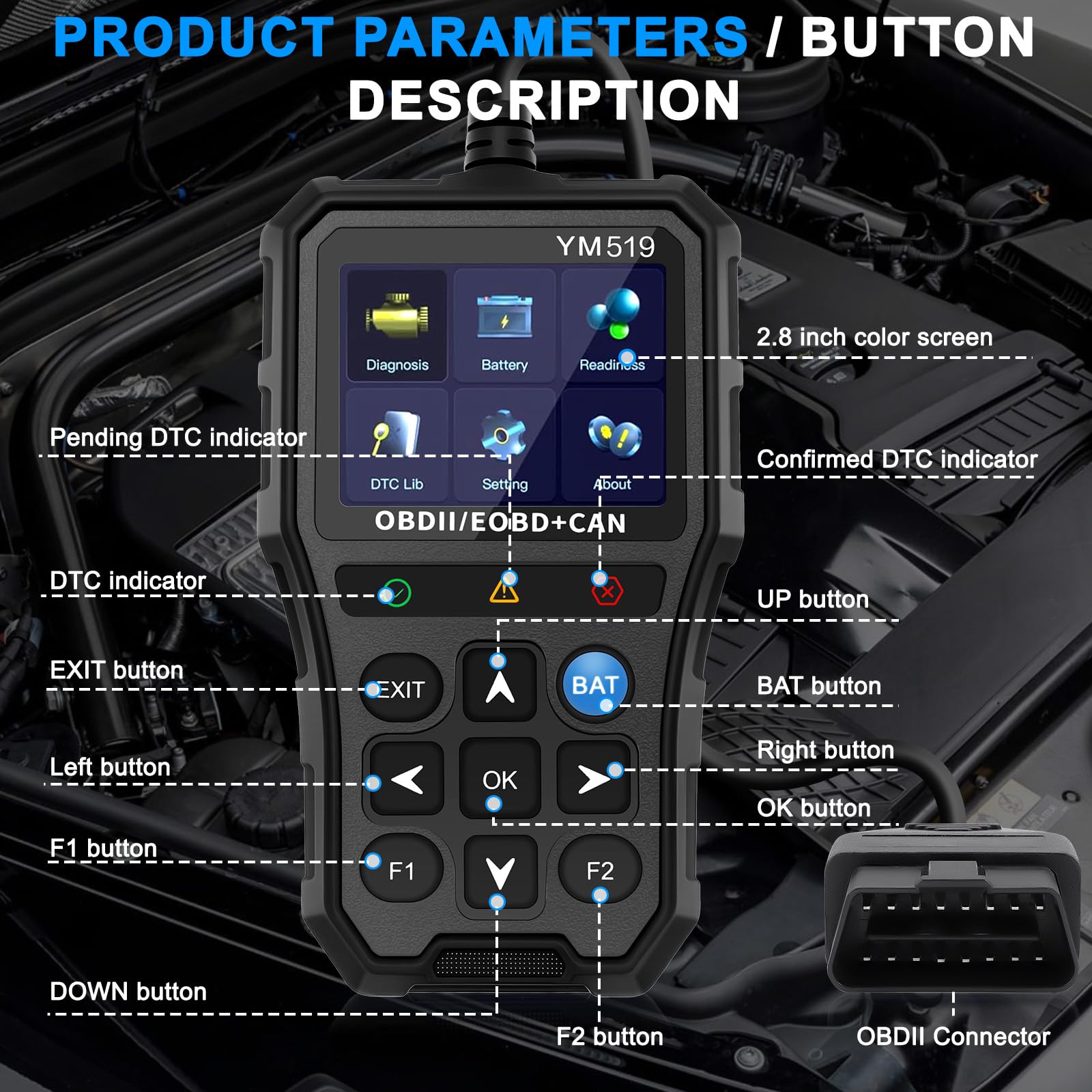 OBD2 Diagnosis Coche Scanner Lector Diagnóstico Apoya Español con 10 Modos de Diagnóstico, Prueba de Componentes/Sistemas, Borra Códigos de Error del Vehículo