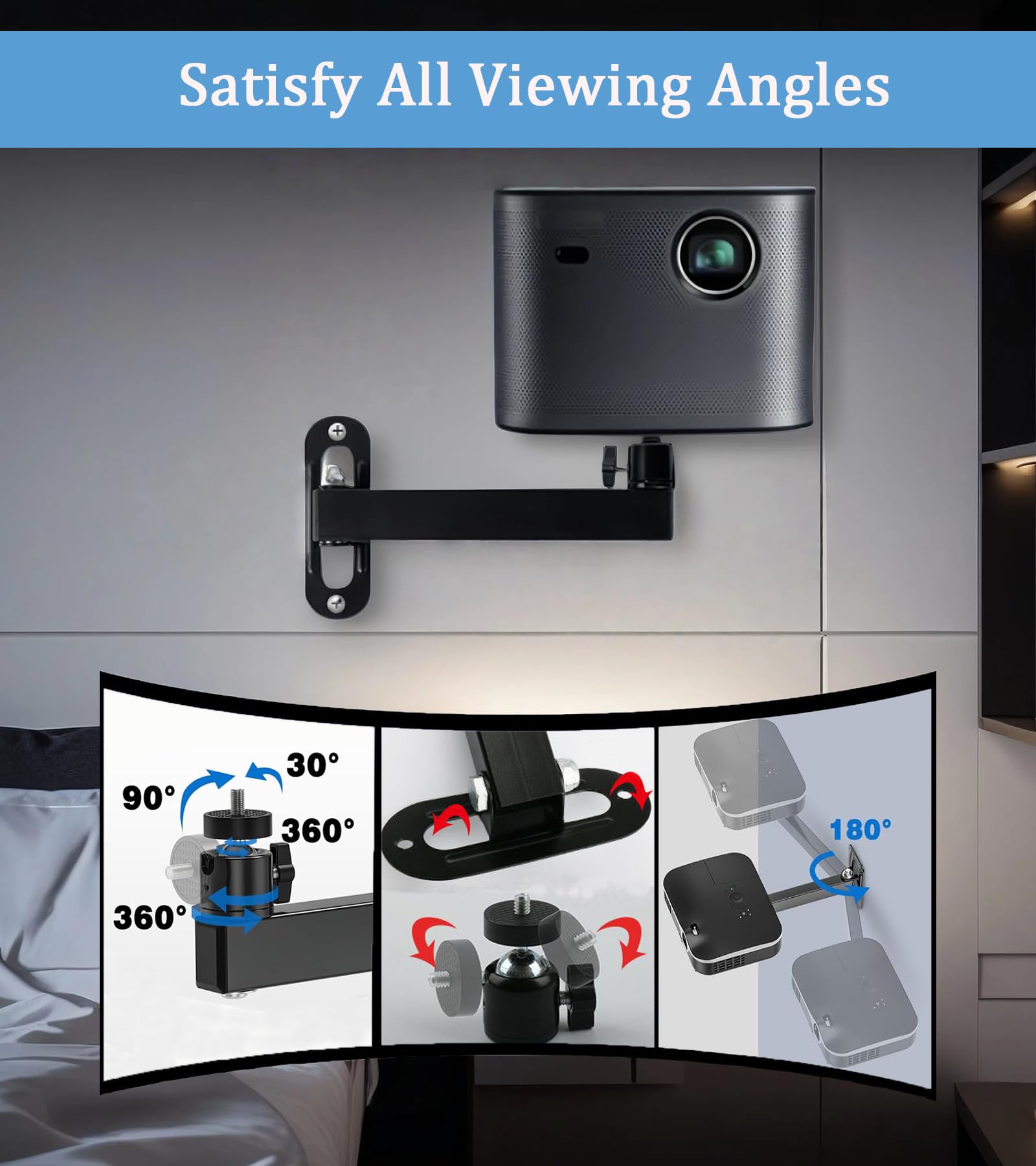 Supporto per Proiettore a Parete con Vite da 1/4", Rotazione 360°, Inclinazione e Orientamento Regolabili, Compatibile con la Maggior Parte dei Proiettori per Casa e Ufficio
