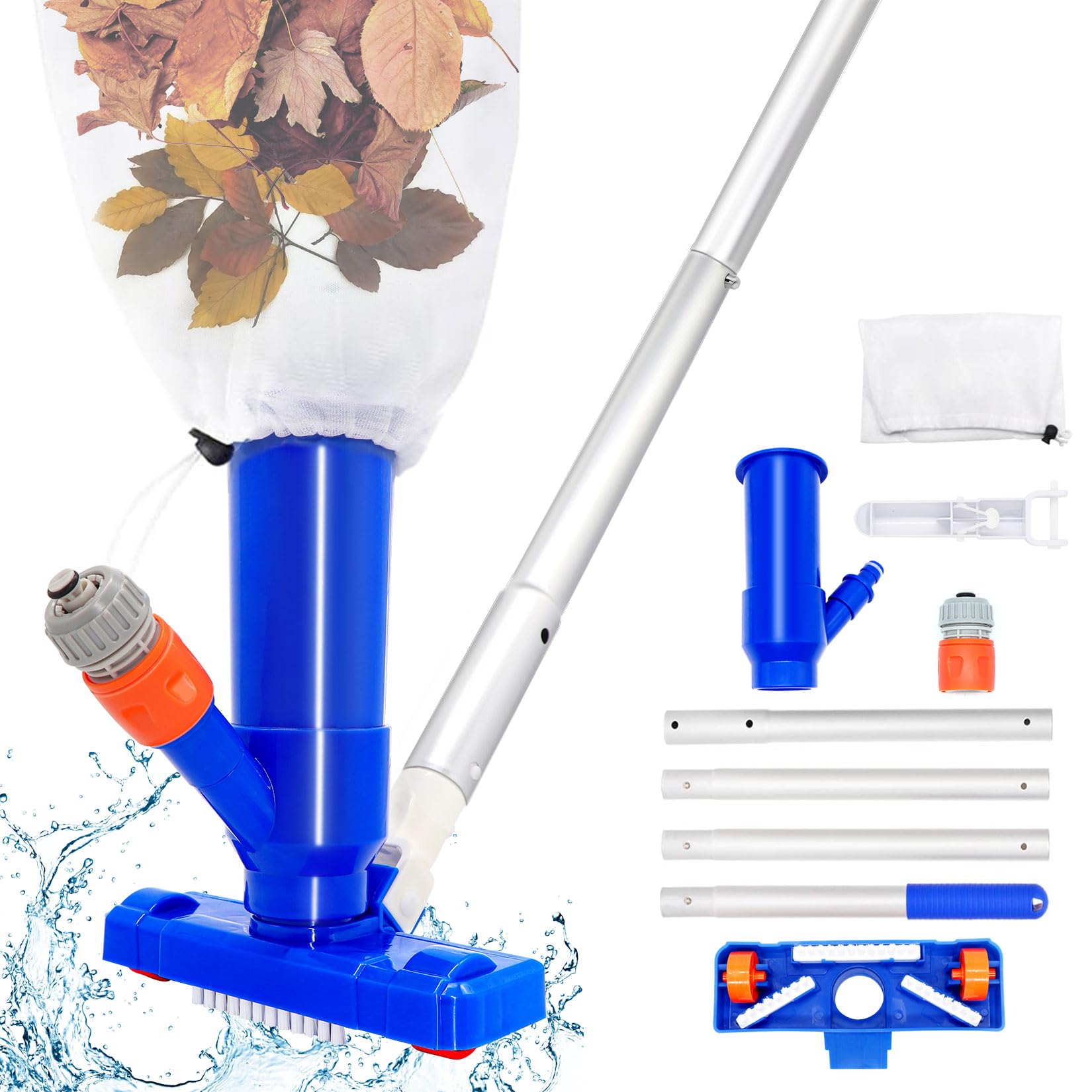 147cm Poolsauger Bodensauger, Pool Sauger Boden Pool Reinigungsset mit Bürste, 4 Abnehmbare Verstärkung Aluminiumstange, Pool Staubsauger Boden, Pool Bodensauger Set, Poolreiniger Bodensauger