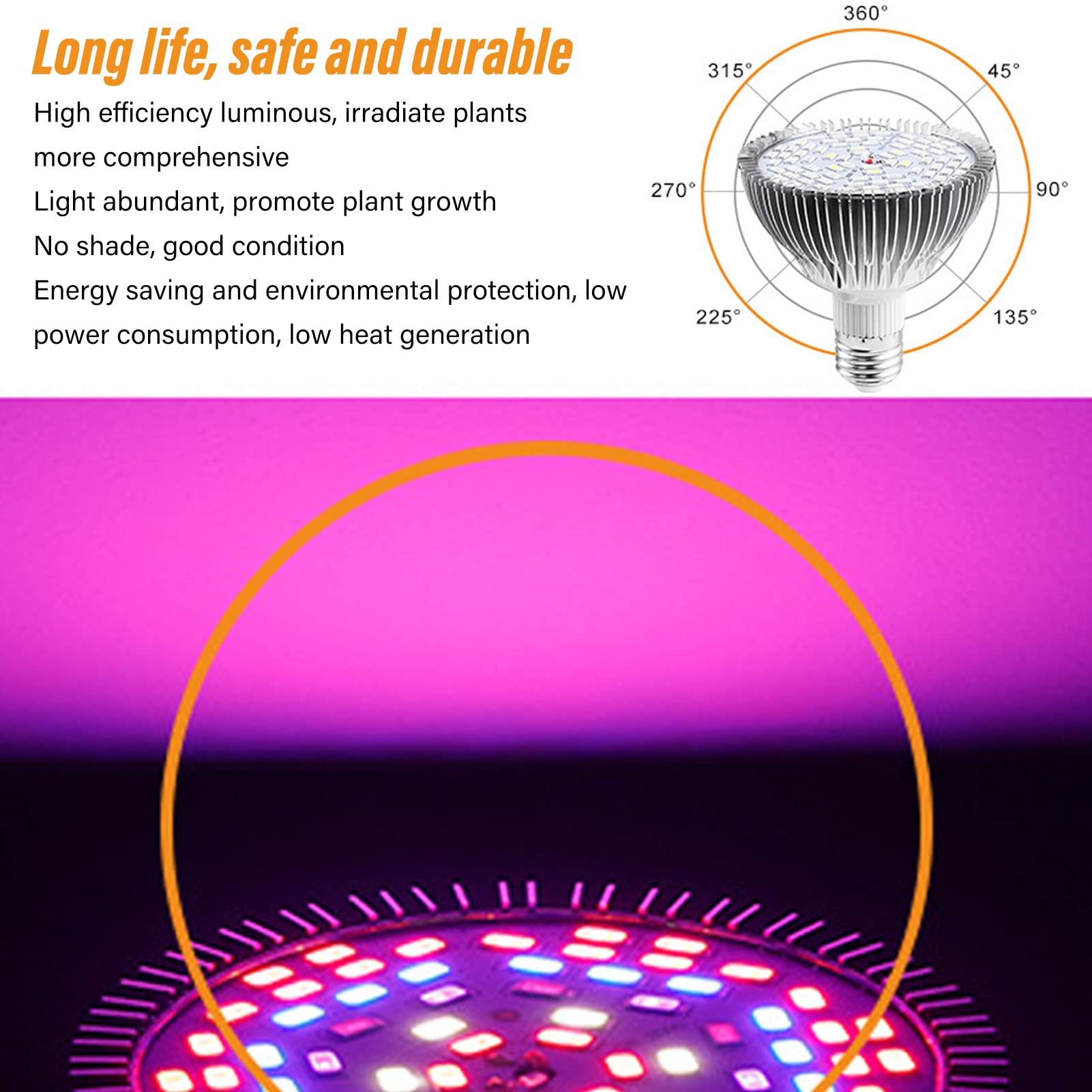 Srliya Ampoule LED E27 pour Culture de Plantes, Faible Consommation D'énergie, Spectre Complet, Faible Production de Chaleur, 85 à 265V (50W, 78 perles)