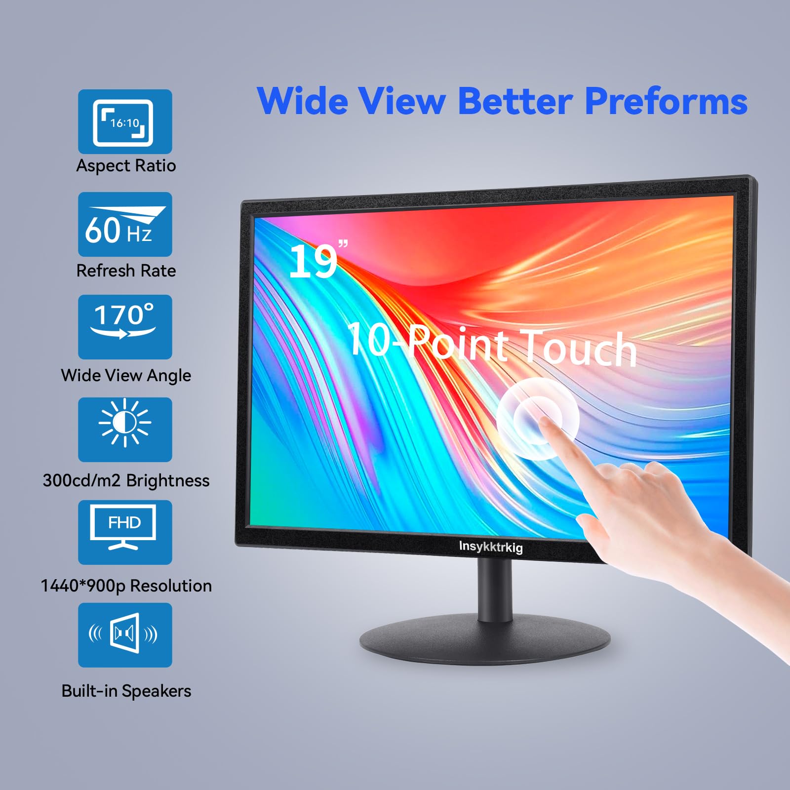 Insykktrkig Touchscreen Monitor 19 Inch FHD 1440 x 900 Multi-Touch Screen Dual Speakers HDMI VGA Type-B 60Hz,VESA,Brightness 300cd/m²,Tilt Adjust,PC Desktop Laptop Computer Windows Touch Display — view 2
