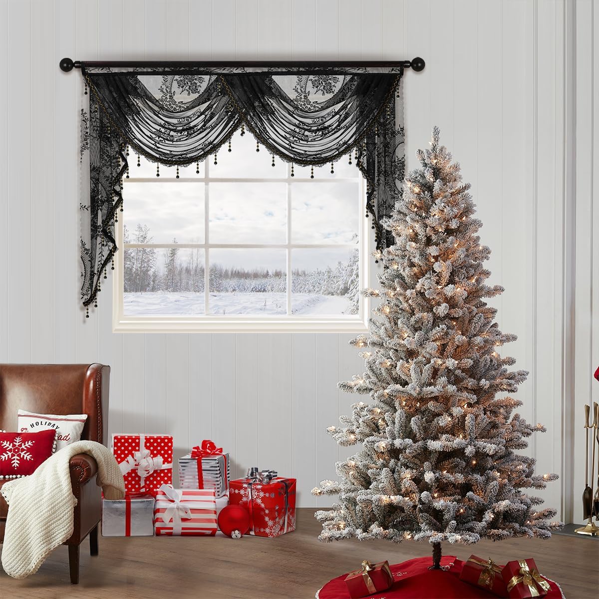 ELKCA Luxury Black Lace Curtain Valance with Beads Romantic Floral Lace Sheer Curtain Valance for Living Room Black Tulle Curtains for Bedroom (59inch,1 Panel)