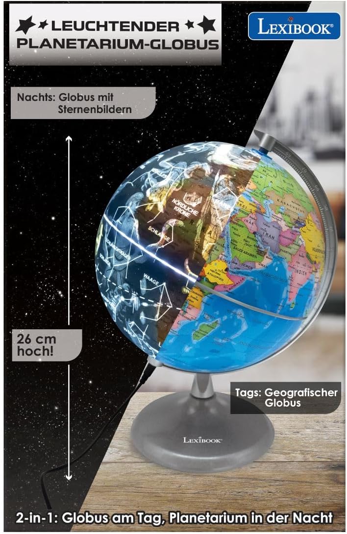 LEXIBOOK NLJ185DE Illuminated STEM 2 in 1 Day Globe Constellation Map at Night Blue/Black