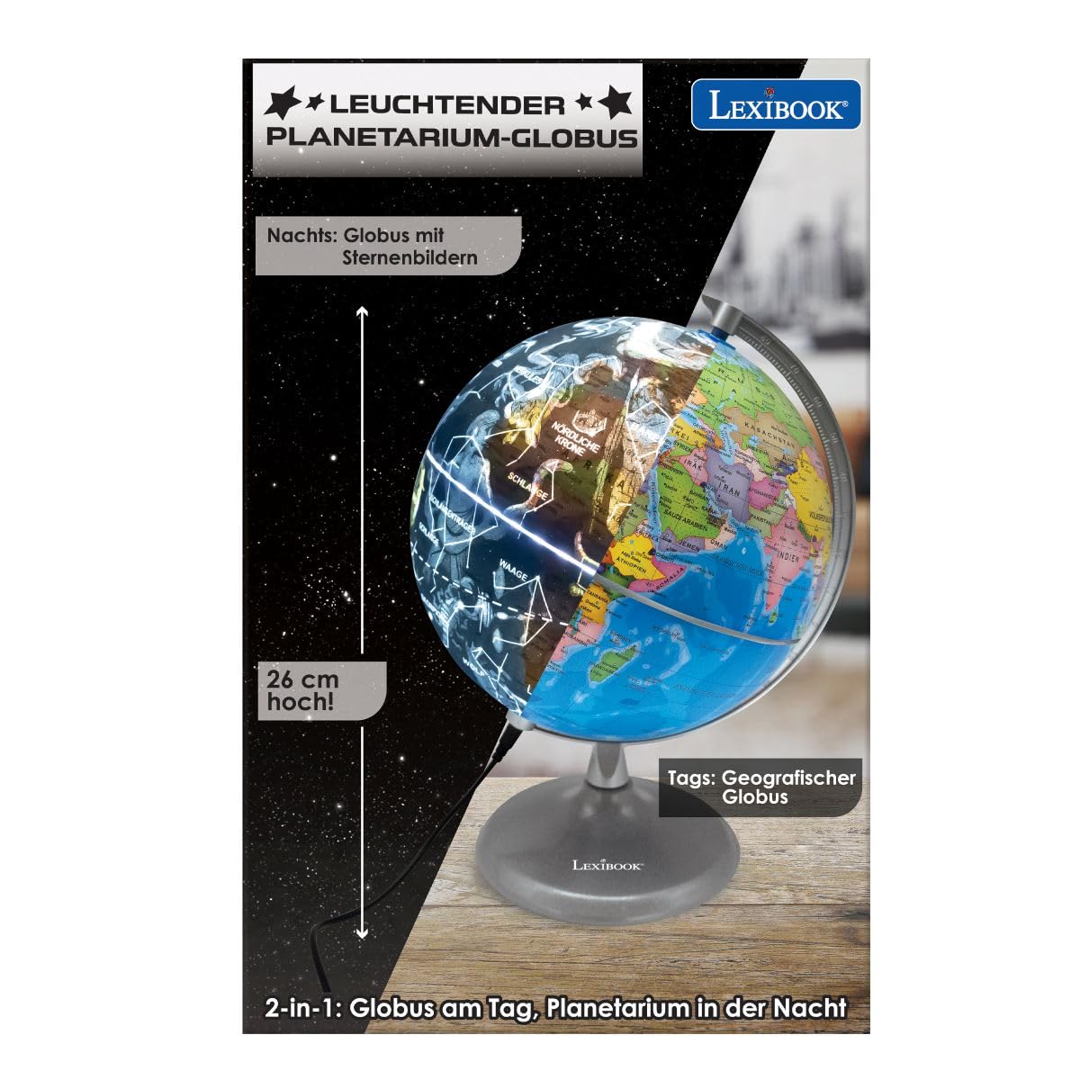 Lexibook, Beleuchteter Tag-Nacht-Globus, NLJ185DE | STEM, 2‑in‑1 Globus, Sternkarte nachts, Blau/Schwarz