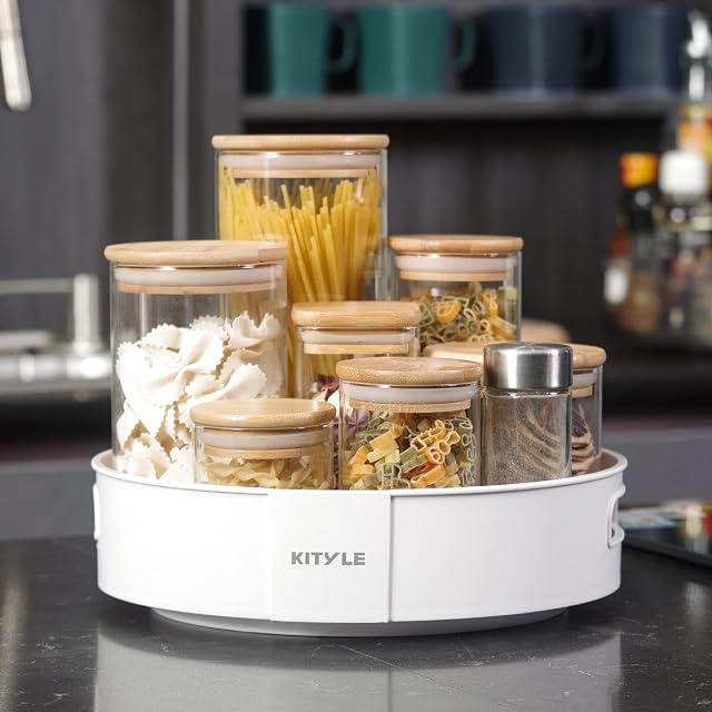 Kityle Lazy Susan Turntable Cupboard Organiser - Multifunctional Non-Slip Spice Rack for Kitchen Storage and Organisation, Fridge, Bathroom and Makeup Organiser with 10" Diameter (White)