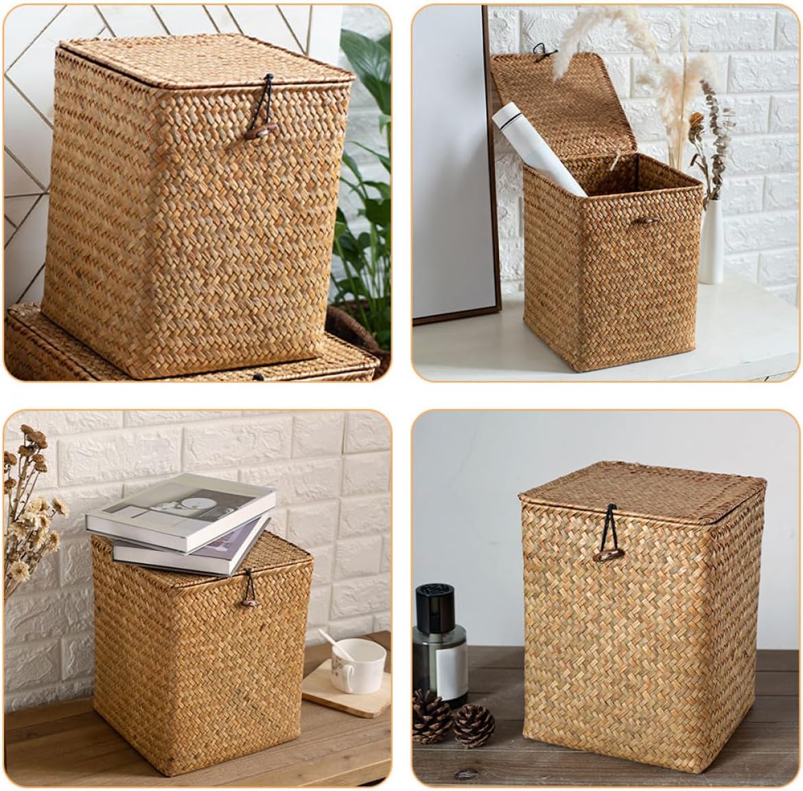 Cabilock Woven Storage Organizer Box for Cosmetics Books and Sundries Medium Handcrafted Seagrass Basket for Home Office and Bedroom Storage Decorative Desktop Container