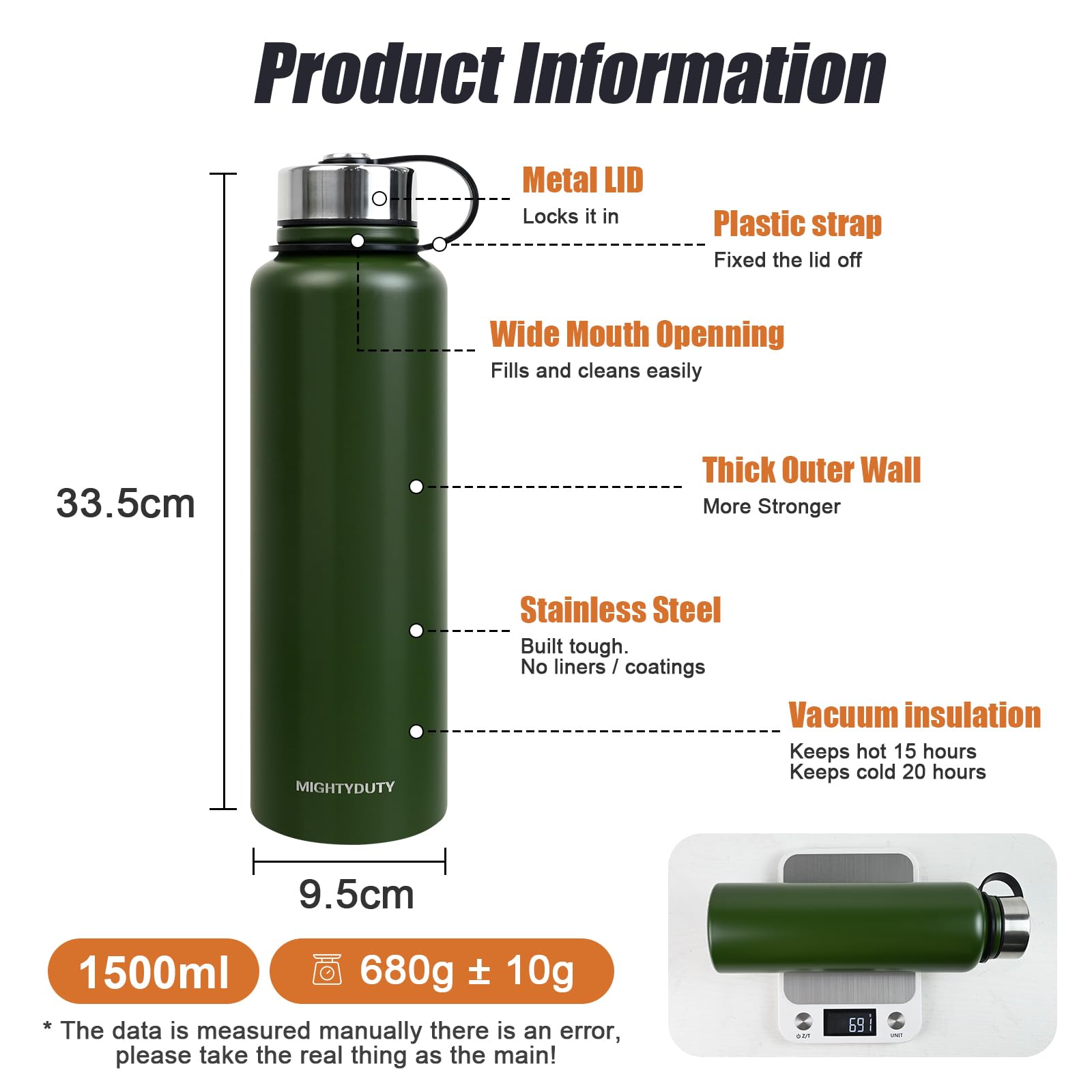 Thermos da 1,5 l, in acciaio inox, per 6-24 ore, caldo e rinfrescante, grande capacità, a prova di perdite, per caffè e tè, per attività all'aperto, sport, scuola, ufficio (verde)