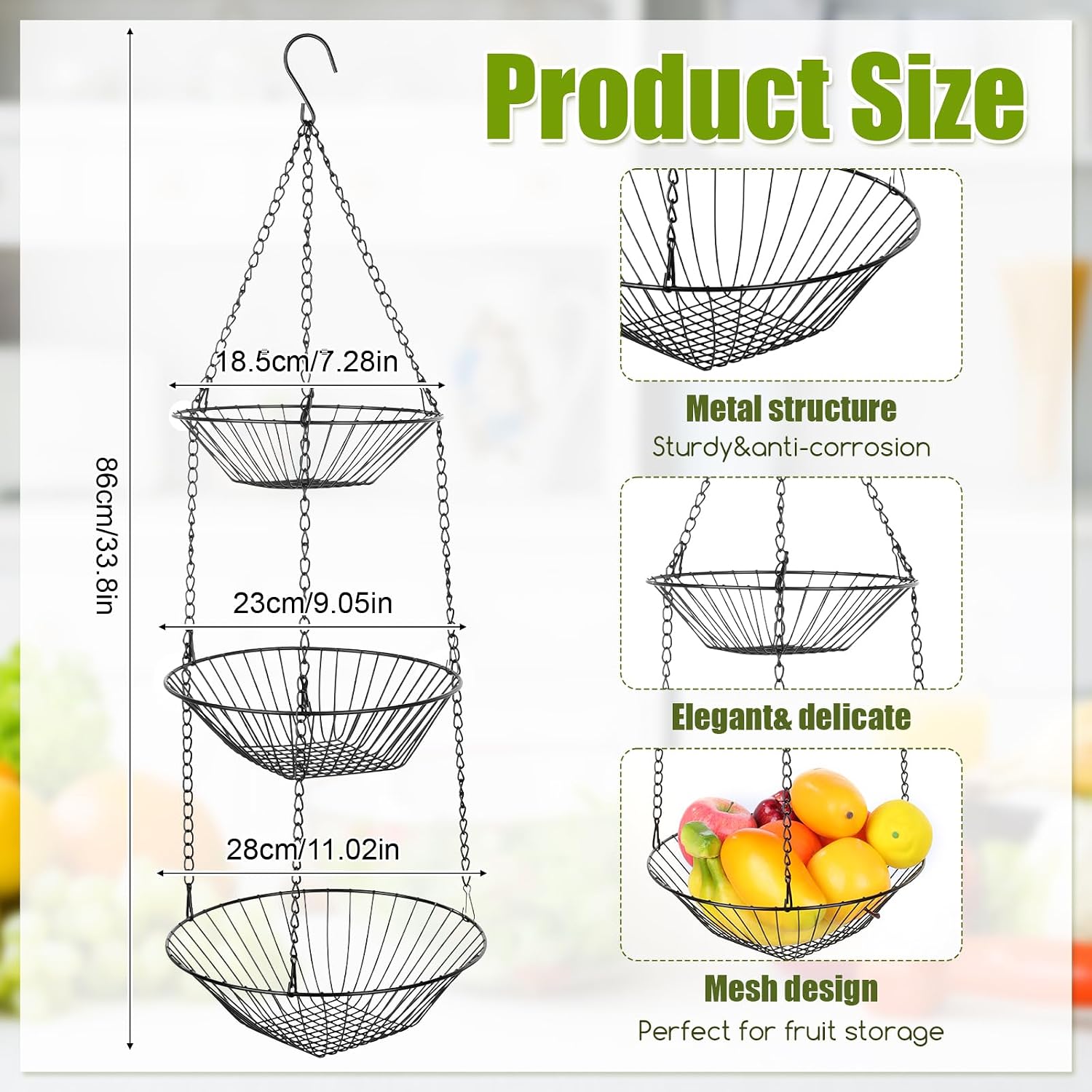 3-Tier Hanging Fruit Basket with Banana Hook, 36-Inch Heavy-Duty Wire Fruit Baskets with Leaf-Shaped Bracket for Kitchen Potato & Vegetable Storage and Organizer