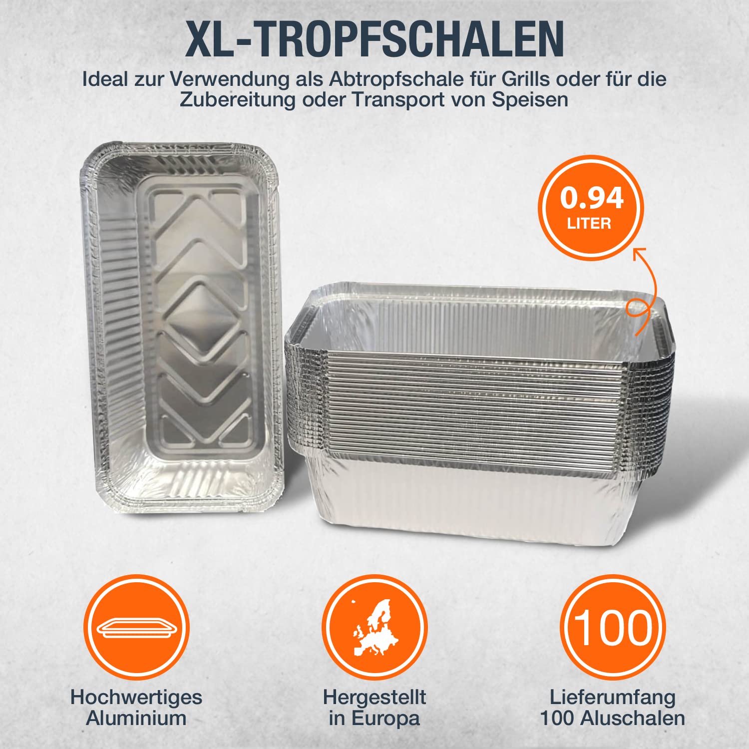 100x Aluschalen mit Deckel wiederverwendbar und hitzebständig - Hochwertige Tropfschalen von 470-940ml - 100 Stück (R14L - 940ml)