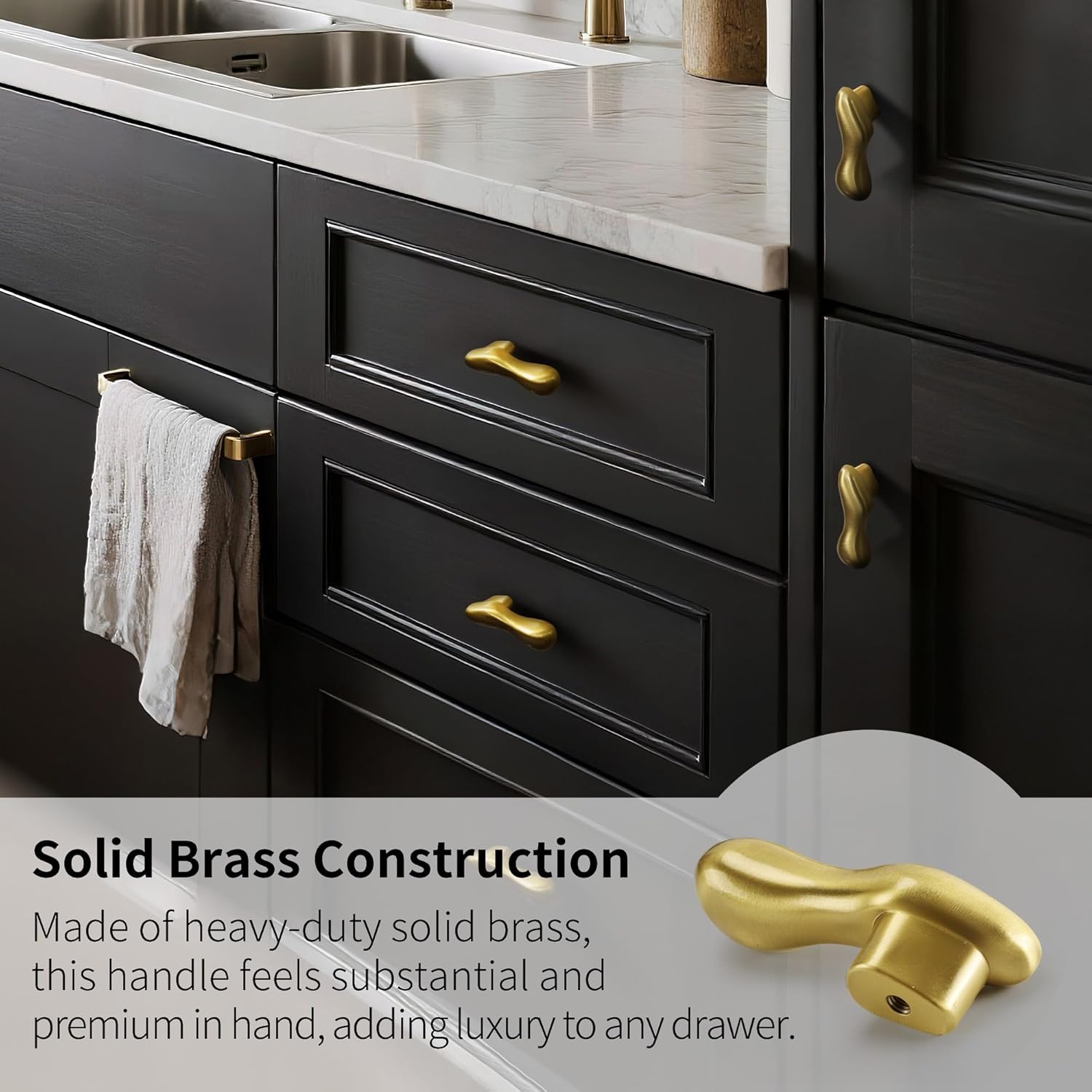 Solid Brass Cabinet Knobs, Gold Brushed Brass Dresser Pulls Handles, Modern Ergonomic Teardrop Shaped Unique Hardware for Cupboard Drawer, Kitchen, Bathroom