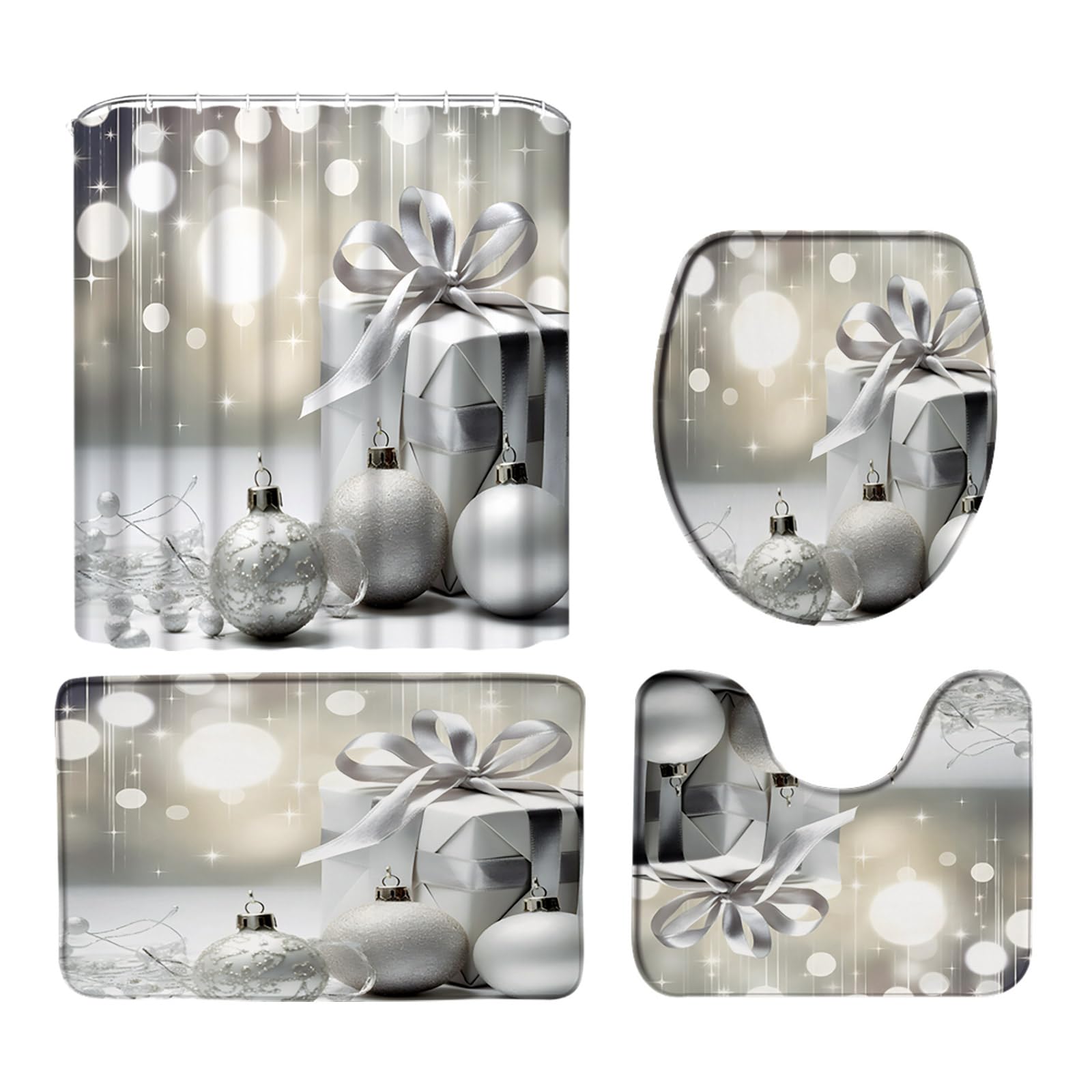 Ensemble de 4 Rideaux de Douche Joyeux Noël avec Tapis, Housse d'abattant de Toilette et Tapis, Ensemble de Rideaux de Douche de Salle de Bain avec Crochets et Boules de Noël et Bonne année