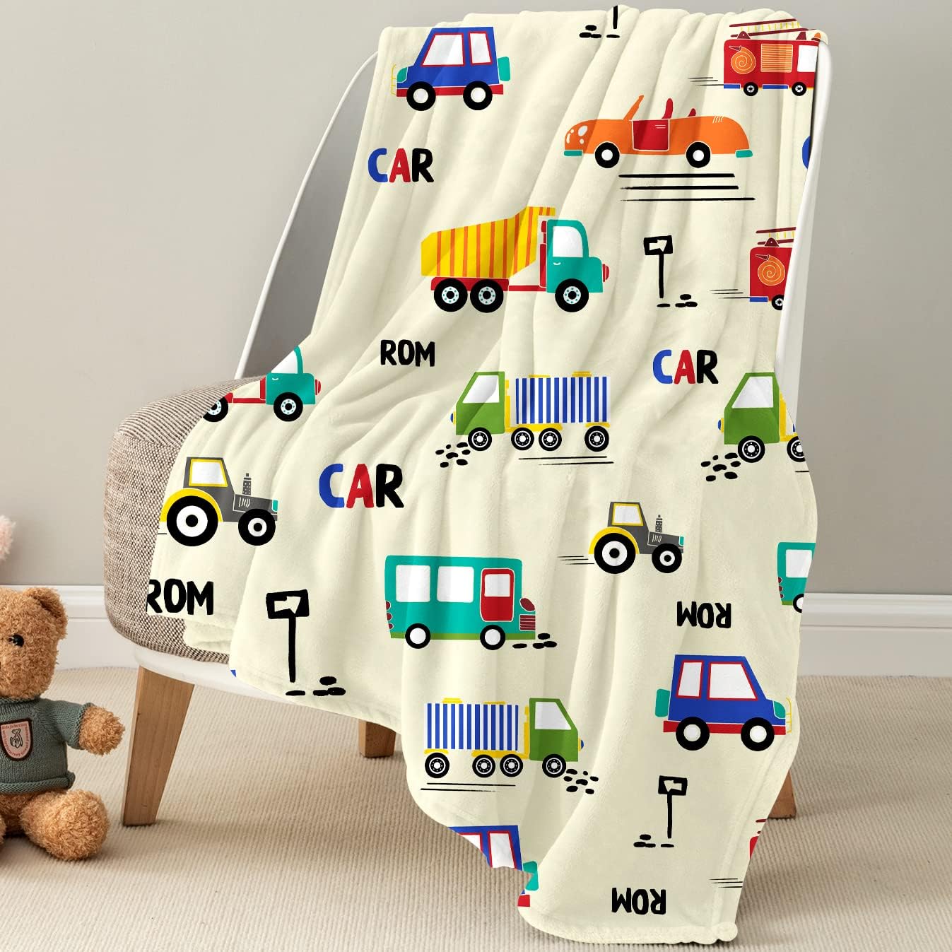 Construction Blanket Kids Throw Blanket, Fleece Toddler Blanket for Boys Girls, Cute Design Cars Trucks Blanket for Boys, Soft Cozy Warm Kids Blanket for Boys Girls, Beige 40"X50"