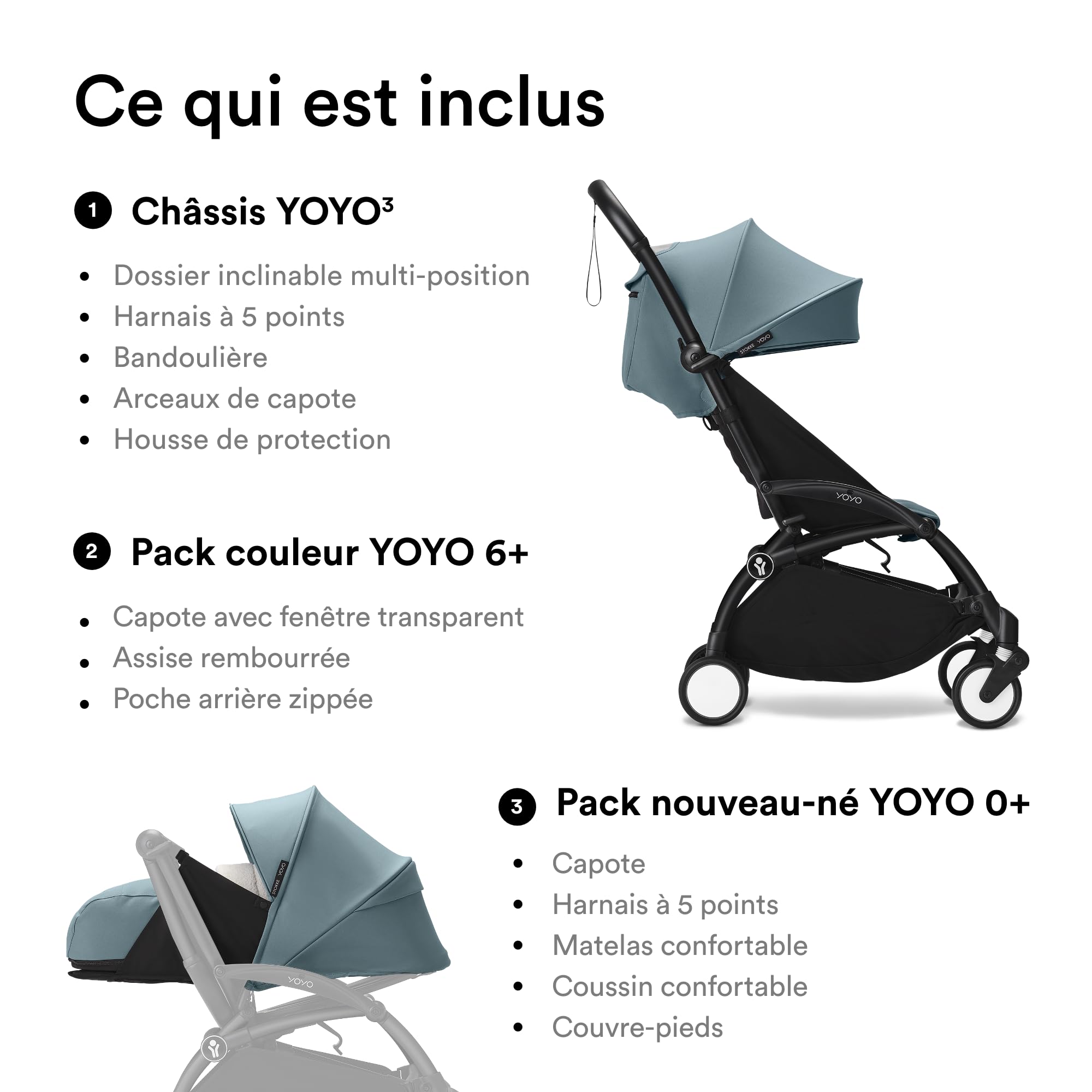 Stokke YOYO3 Poussette avec Pack Nouveau-né et Pack Couleur 6+ (Aqua) Cadre Noir