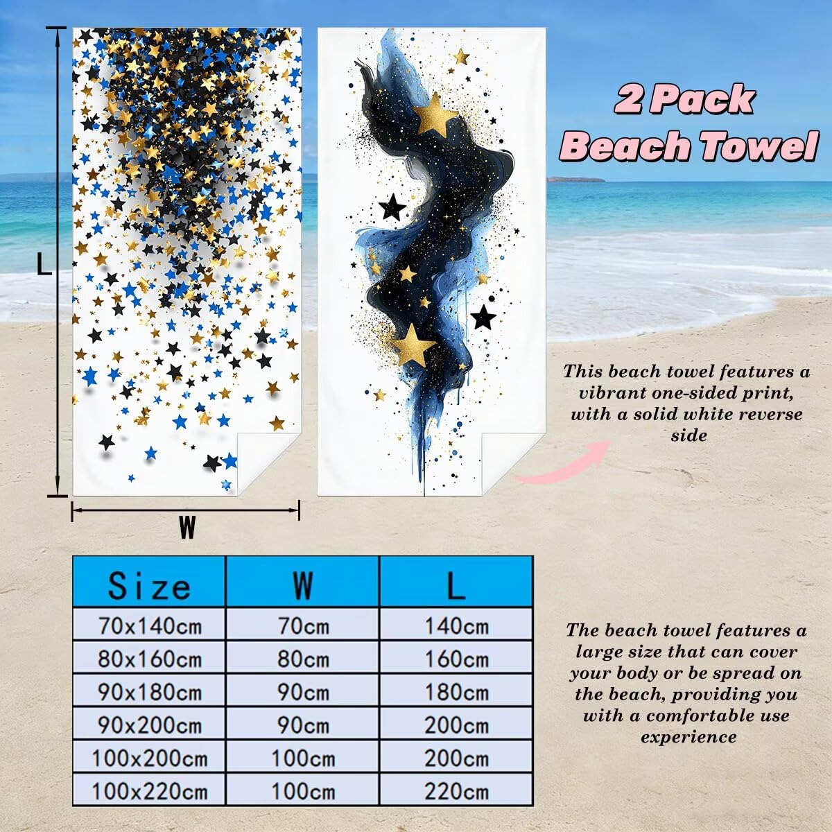 Serviette de Plage XXL 70x140 cm, Lot de 2 Serviette de Bain Microfibre, Anti Sable Serviettes Plage, Séchage Rapide Drap de Bain pour Homme Femme, Portable Fine Serviettes pour Fitness (Étoile) -4745
