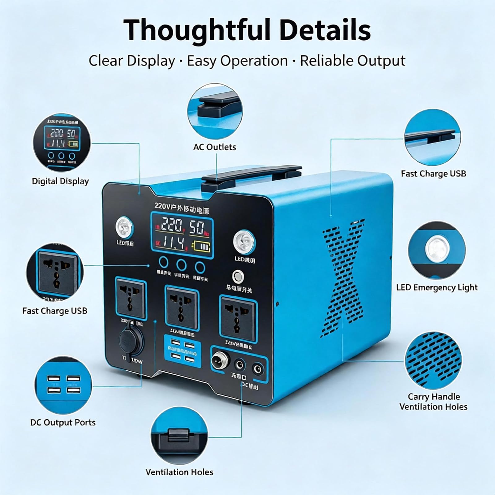 Generatore Senza Carburante 220V 1000W LFP, Schermo LCD Tensione Batteria 1000w | Corpo metallico con maniglia integrata e fessure di dissipazione, ottima ventilazione e trasporto semplice per viaggi.