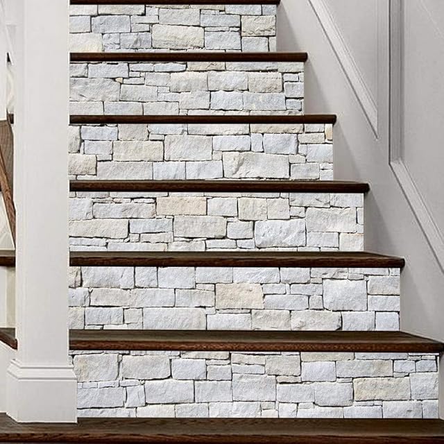 A.Monamour 3D Self-Adhesive Stair Riser Decals Stickers White Stone Brick Wall Brickwork Removable Vinyl Stair Stickers Decals Bathroom Kitchen Tile Stickers Mural Wall Stickers Decor Wallpaper
