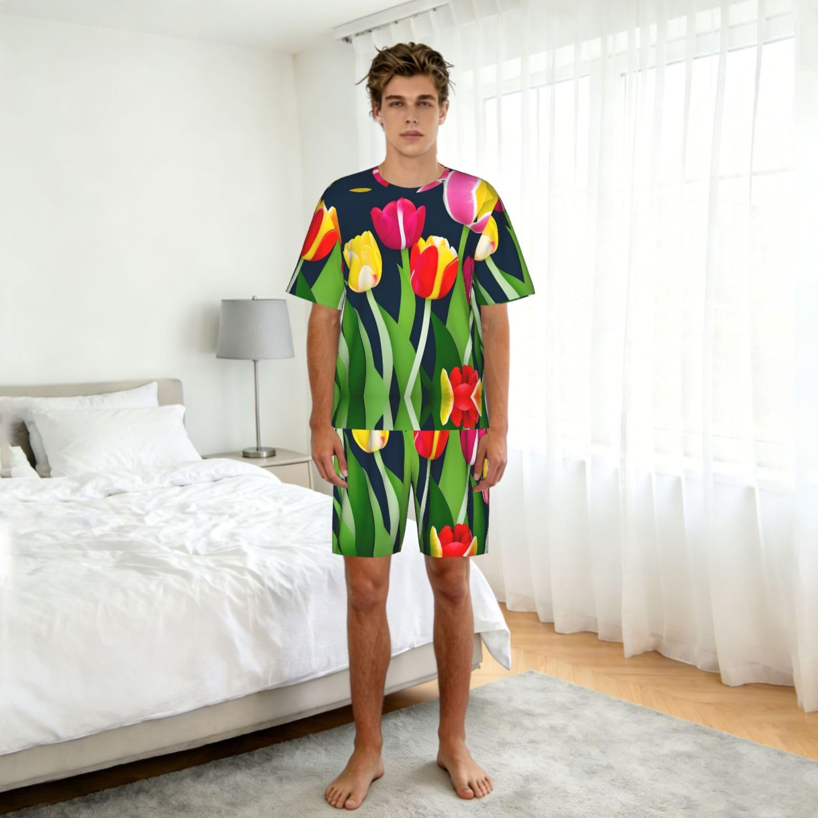 Set pigiama classico da uomo con stampa a tulipani colorati, pantaloncini morbidi da uomo, perfetti per le notti estive