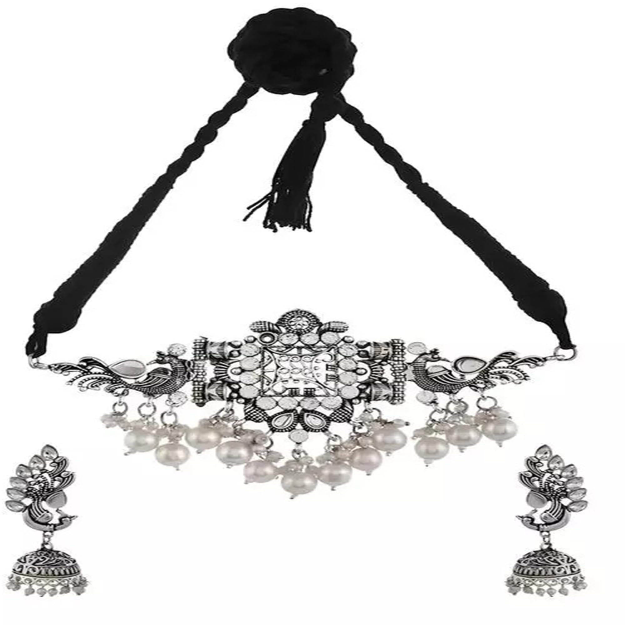 Navjai Jewellery Set For Women and Girls Traditional Silver Oxidised Antique Kundan Pearl Work Peacock design Pendant Latest Stylish Necklace Set for Women and Girls (B0C8Z2YY4B) Amazon Price History, Amazon Price Tracker