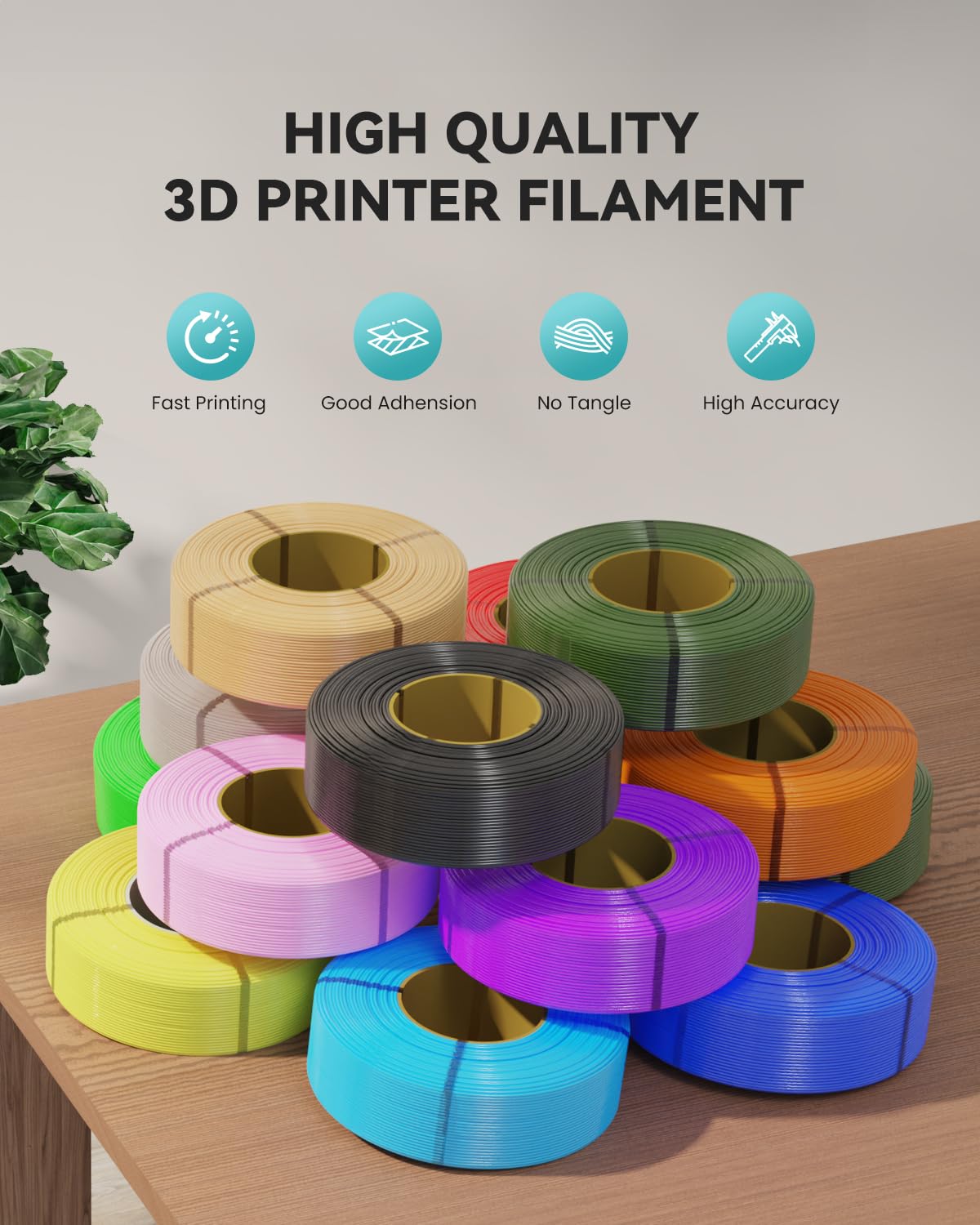 SUNLU 4 KG PLA+2.0 Refill Filament Pakiet, bezszpulowy Wytrzymalszy PLA Plus Filament, 1 kg/rolka, Czarny+Biały+Szary+Dębowy