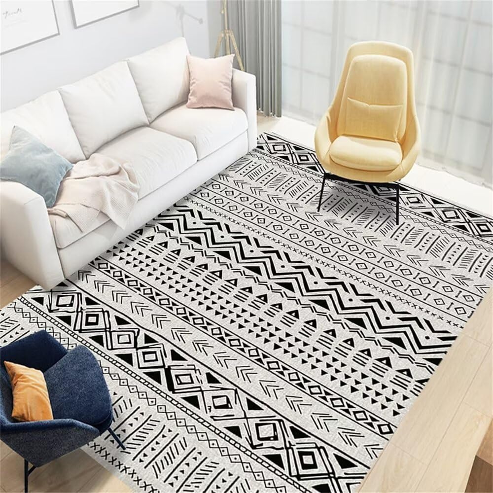 Carpet Teppich Quadratisch Schwarzer Grauer rechteckiges geometrisches Design Schlafzimmerteppich waschbar Pastell Deko 160X230CM