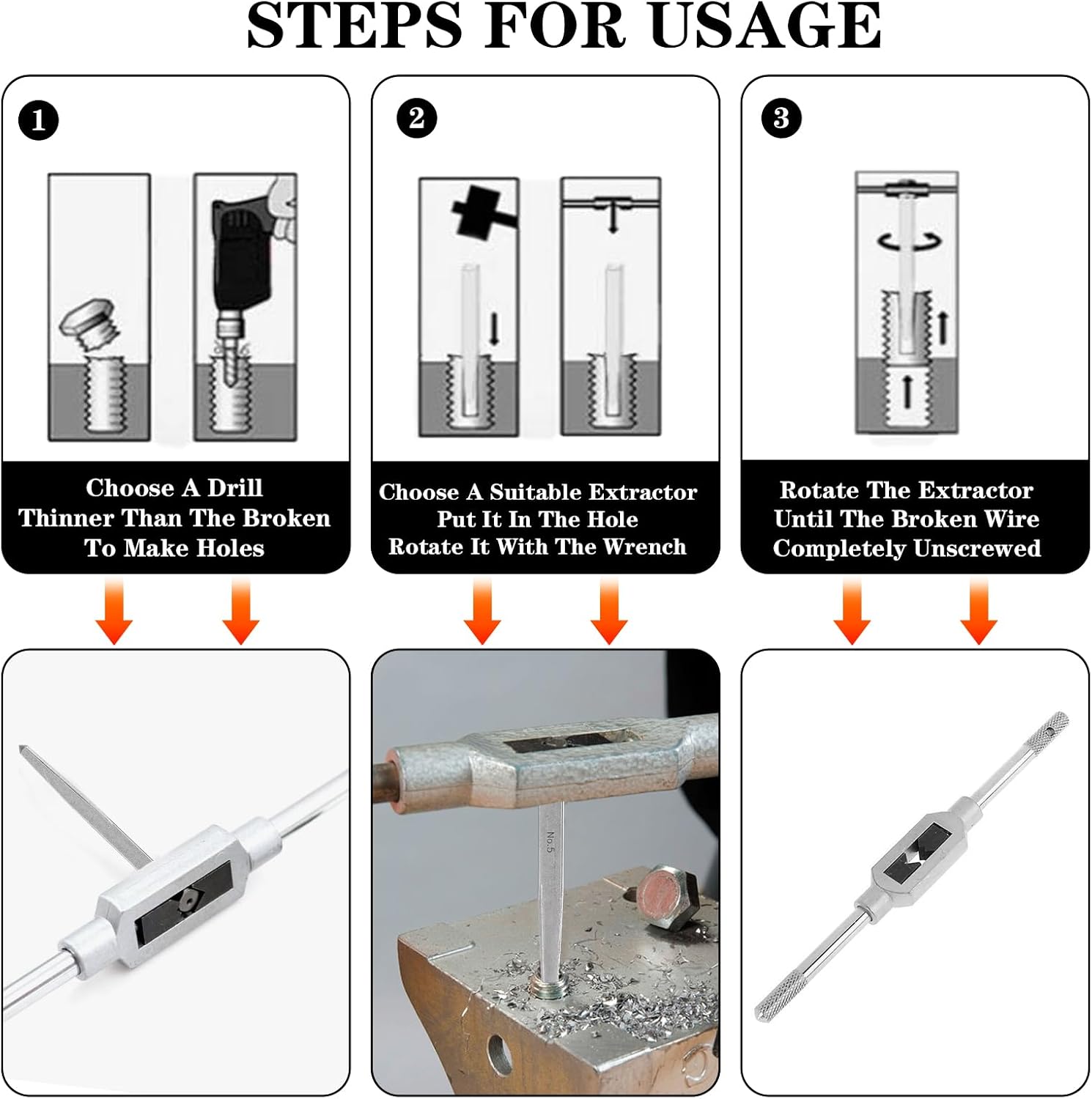 Yuanchu 5 Pieces Straight Fluted Screw Extractor Set, Easy Out Bolt Extractor Set, Straight Fluted Screw Extractor Broken Damaged Bolt Removal Tool Square Type