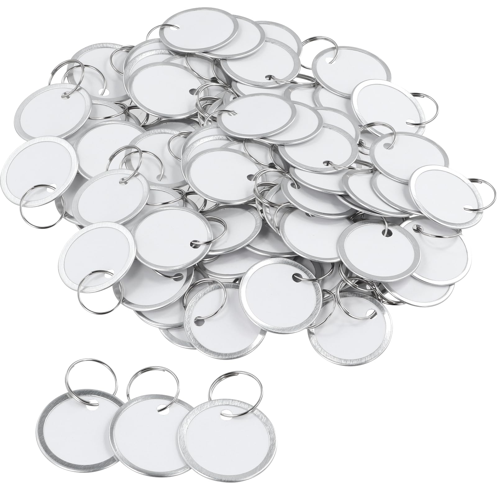 150 Pcs Metal Rim Tags, White Key Tag with Metal Split Rings, 1.22" Blank Round Paper Tag, Small Key Labels, Writable Key Chain Tags for Backpack, Luggage