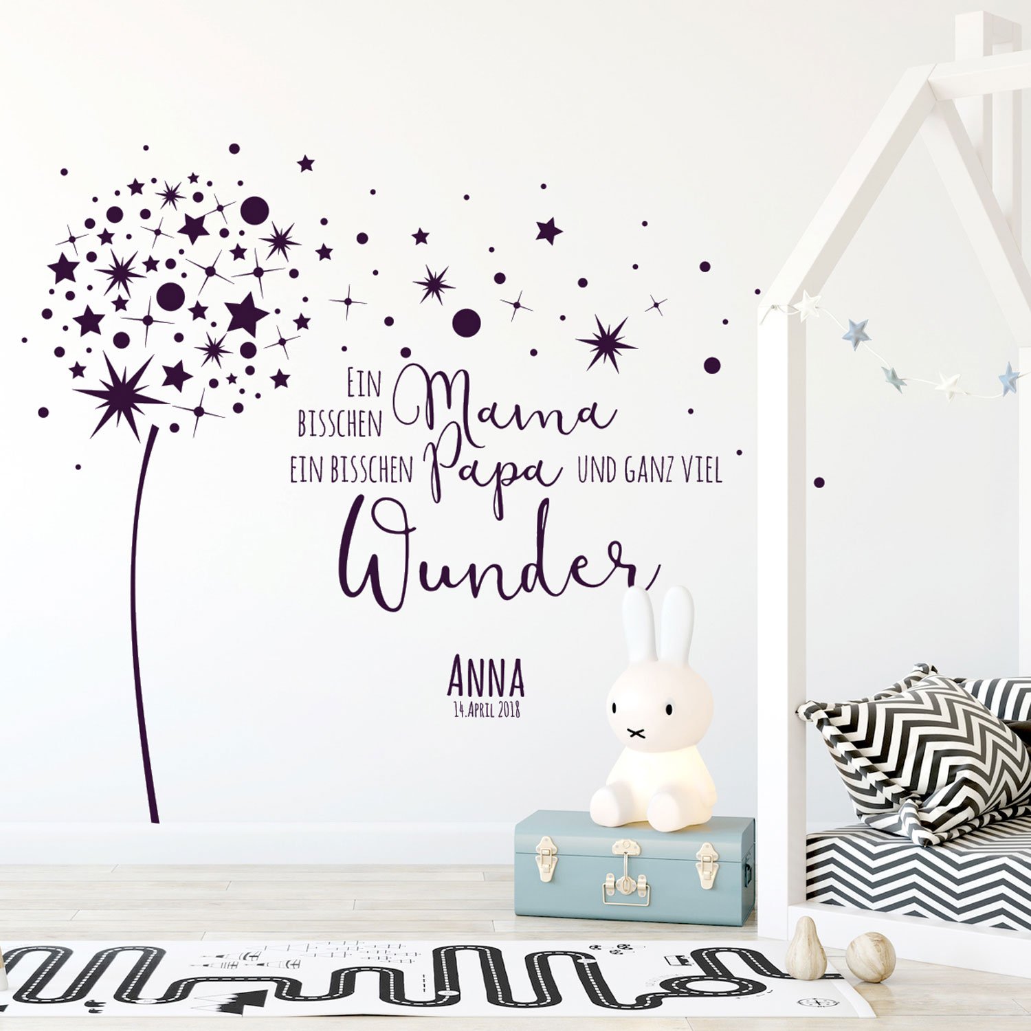 Wandtattoo Babyzimmer Wandsticker Pusteblume Spruch Zitat & Sterne mit Namen & Datum M2342 - ausgewählte Farbe: *schwarz* ausgewählte Größe: *XL - 140cm hoch x 177cm breit*