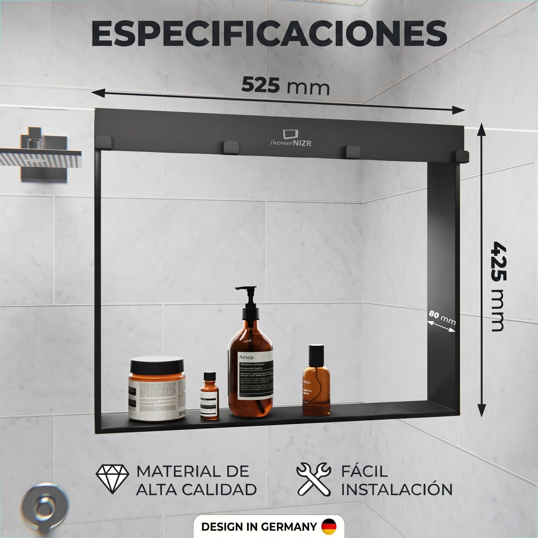 ShowerNIZR Estante de ducha Granite Grey Estante de ducha sin taladro | para colgar en mampara de vidrio de acero inoxidable con 4 ganchos orden sin obra baño sereno y limpio línea depurada