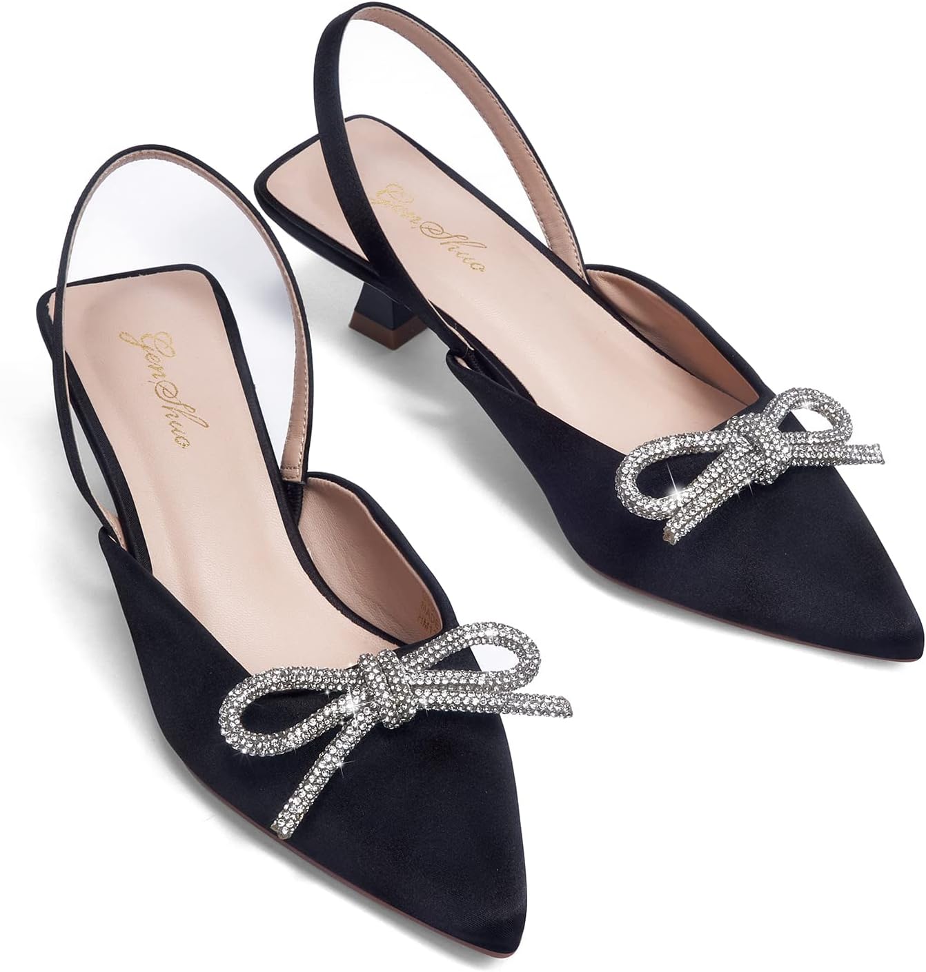 GENSHUO Slingback Rhinestone Bow Heels for Women Closed Pointed Toe Kitten Pumps Slip On Stilettos Wedding Bride Dress Shoes - Image 3