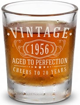 Spotted Dog Company Vintage 1956 Etched 2.5oz Shot Glass Happy 70th Birthday Gifts for Men Women, Cheers to Turning 70 Year Old Decorations Decor, 70th Bday Party Favors Supplies, 1.0