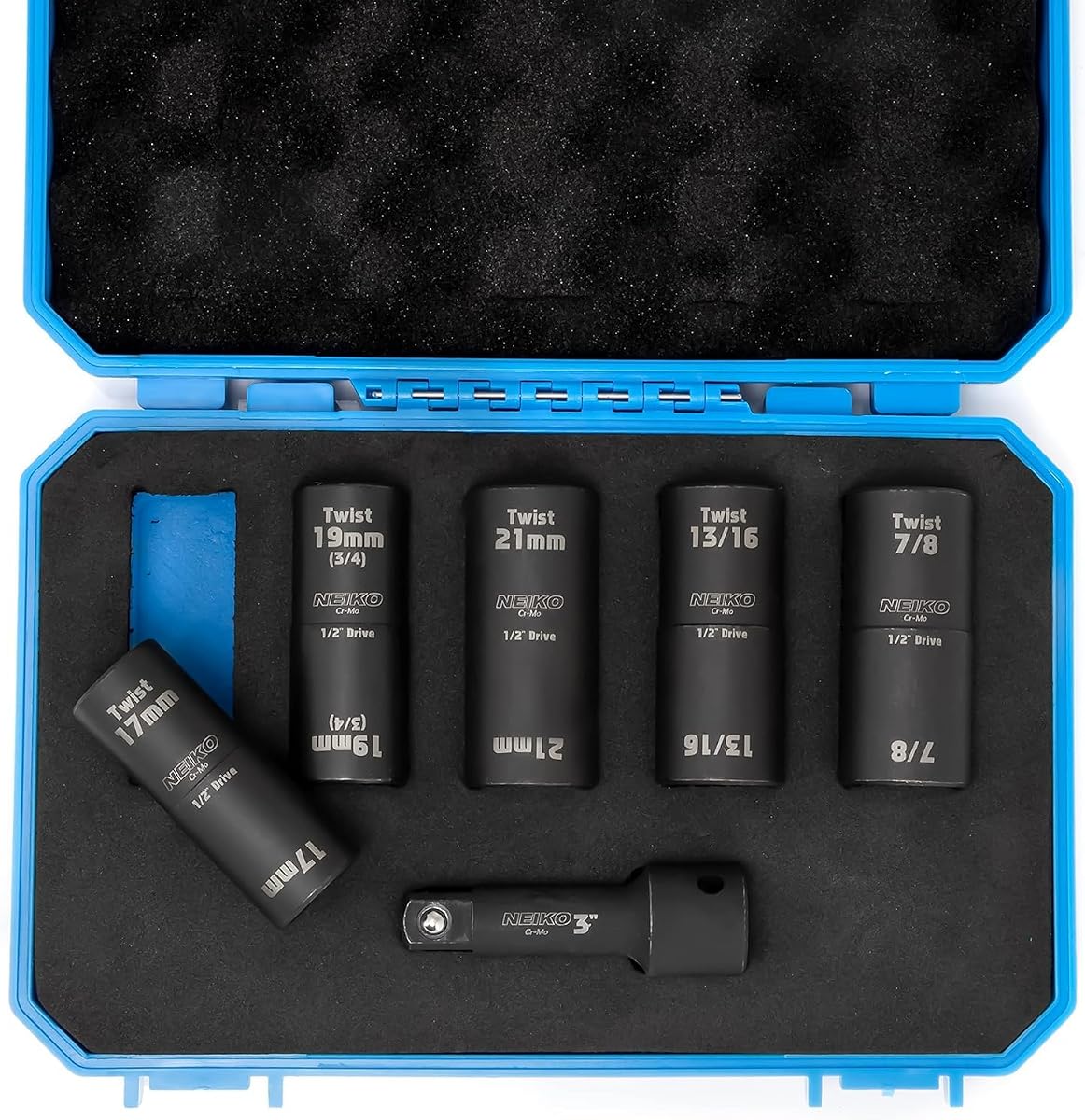 02340A Juego de vasos giratorios, extractor de tuercas de 6 piezas, SAE y métrico, Dr. Impact Flip de 1/2 pulgada, 6 puntos, rueda de acero CR-Mo, barra de extensión de impacto de 3", negro