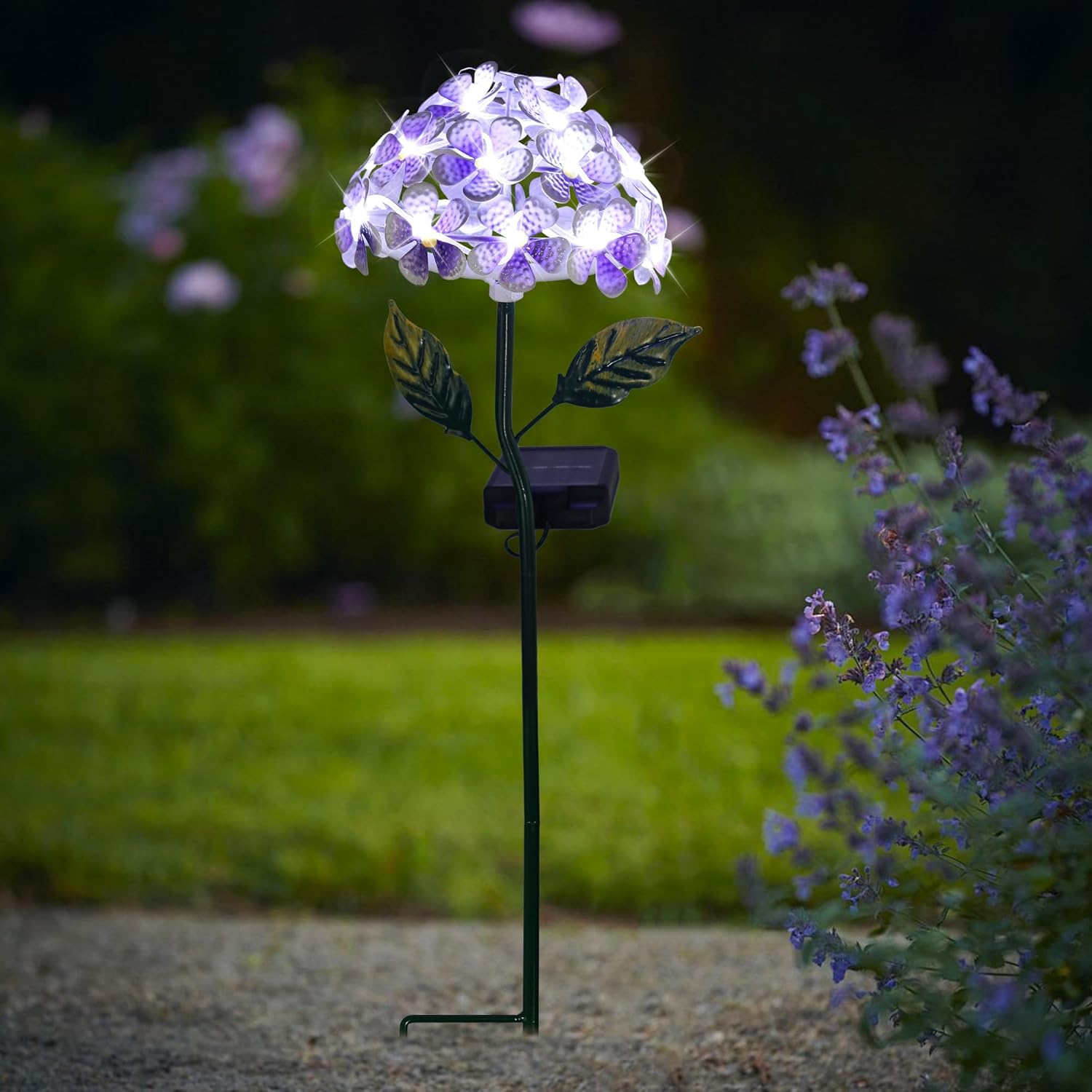 Solar Hydrangea w/26 LEDs, Metal Ground Stake, 3 Colors, Outdoor Flower Stake Decorations (Purple)