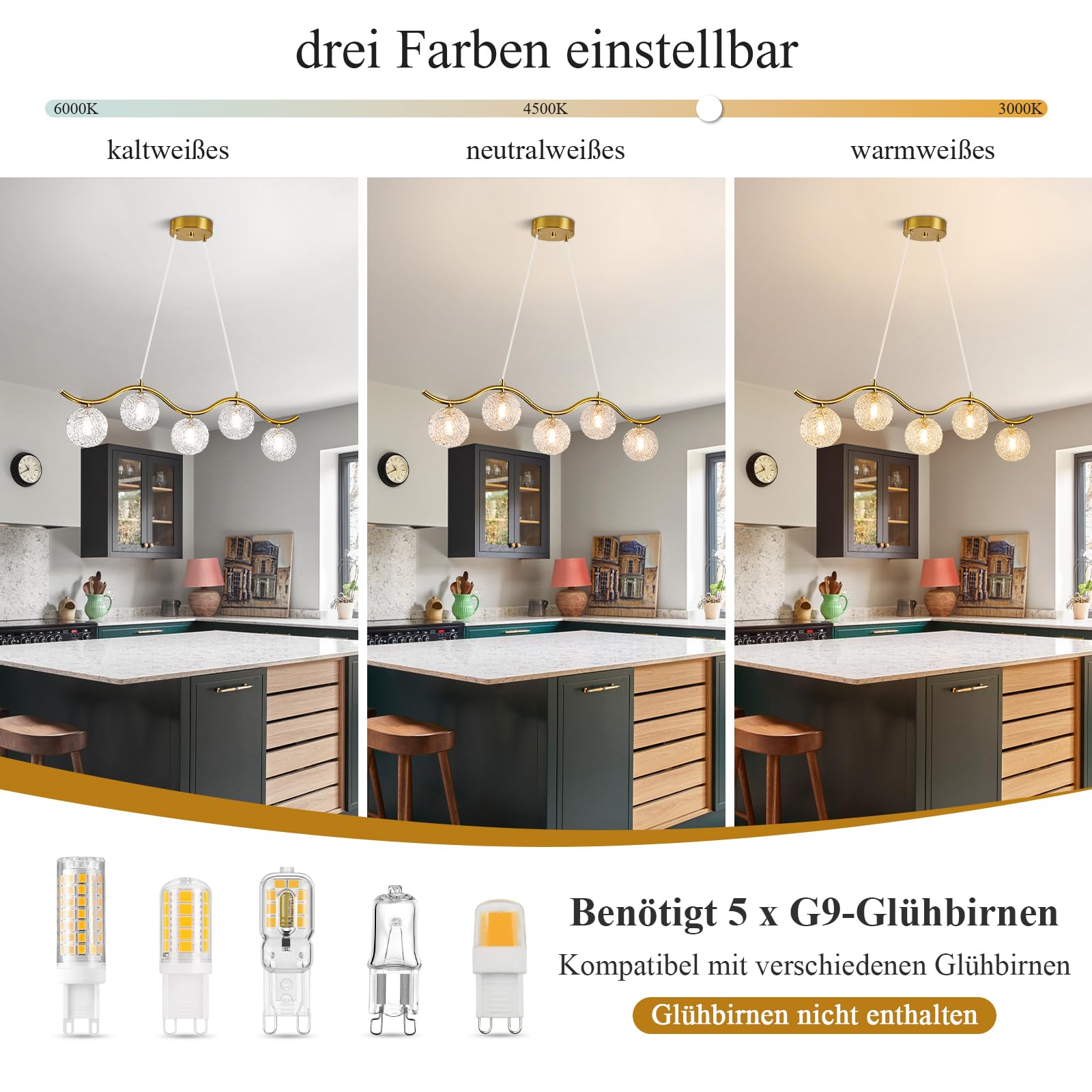 Moderne Gold Kronleuchter Mit 5 Klarglas Globe Pendelleuchten,Höhenverstellbar Hängeleuchte,Luxus Sputnik Kronleuchter für Esszimmer,Esstische,Küche
