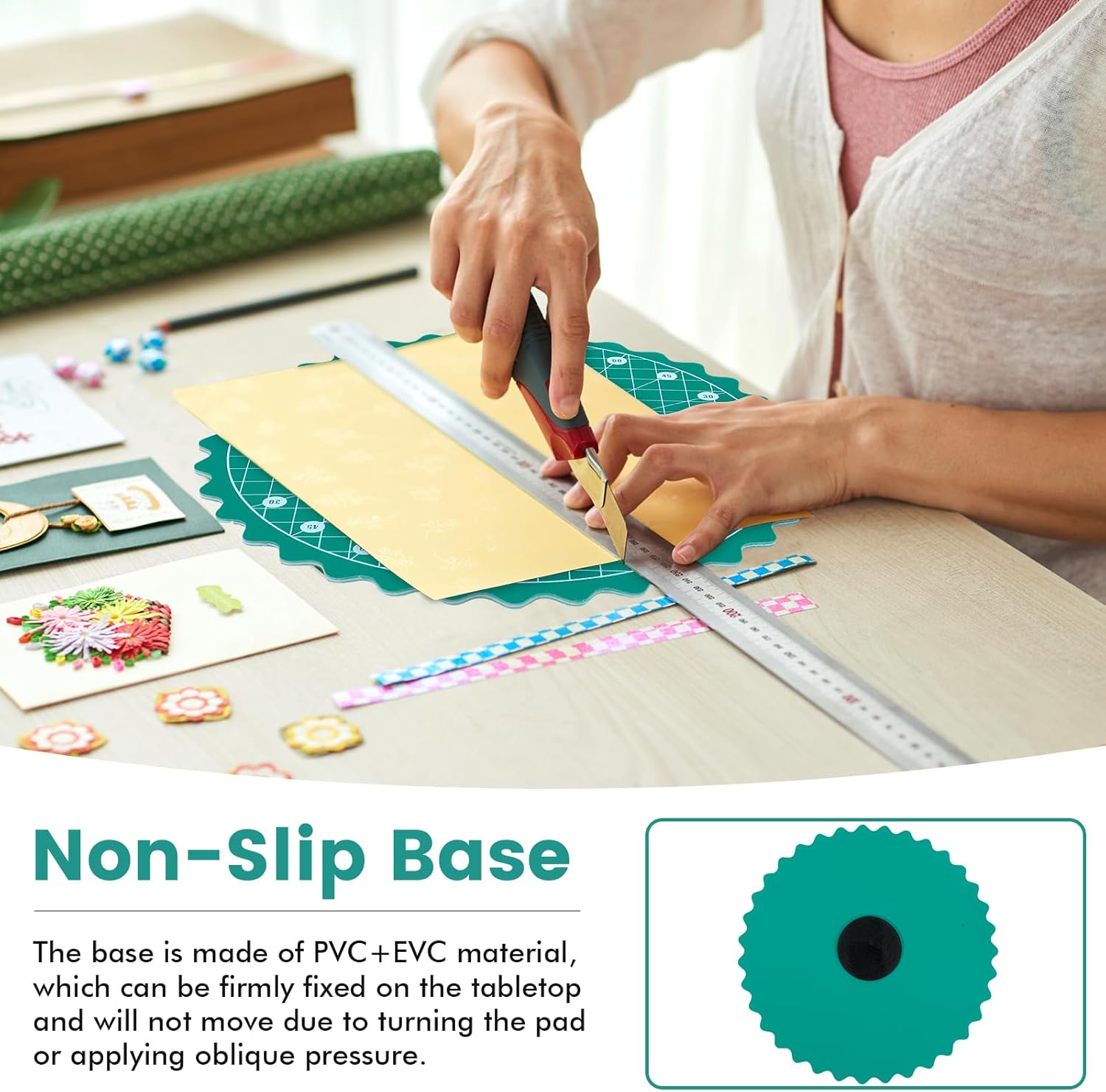 10" Self Healing Cutting Mat, Cutting Mat for Sewing with Non-Slip Base &Scalloped Edge, Round Small Self Healing Mat for Quilting Fabric Leather English Paper Patchwork & Art Project