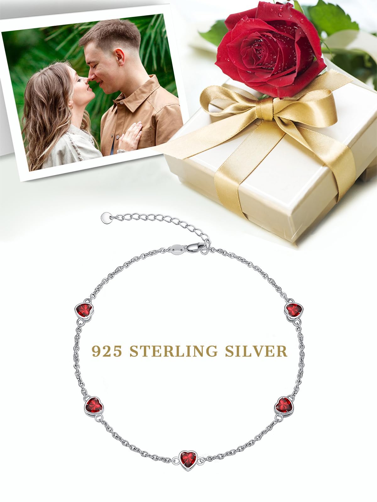 Dorunmo Herz-Geburtsstein-Armband und Fußkettchen verstellbar für Frauen aus 925er Sterlingsilber mit Zirkonia Valentinstag, Muttertag, Geburtstage, Weihnachten für Frauen, Freundinnen, Mütter