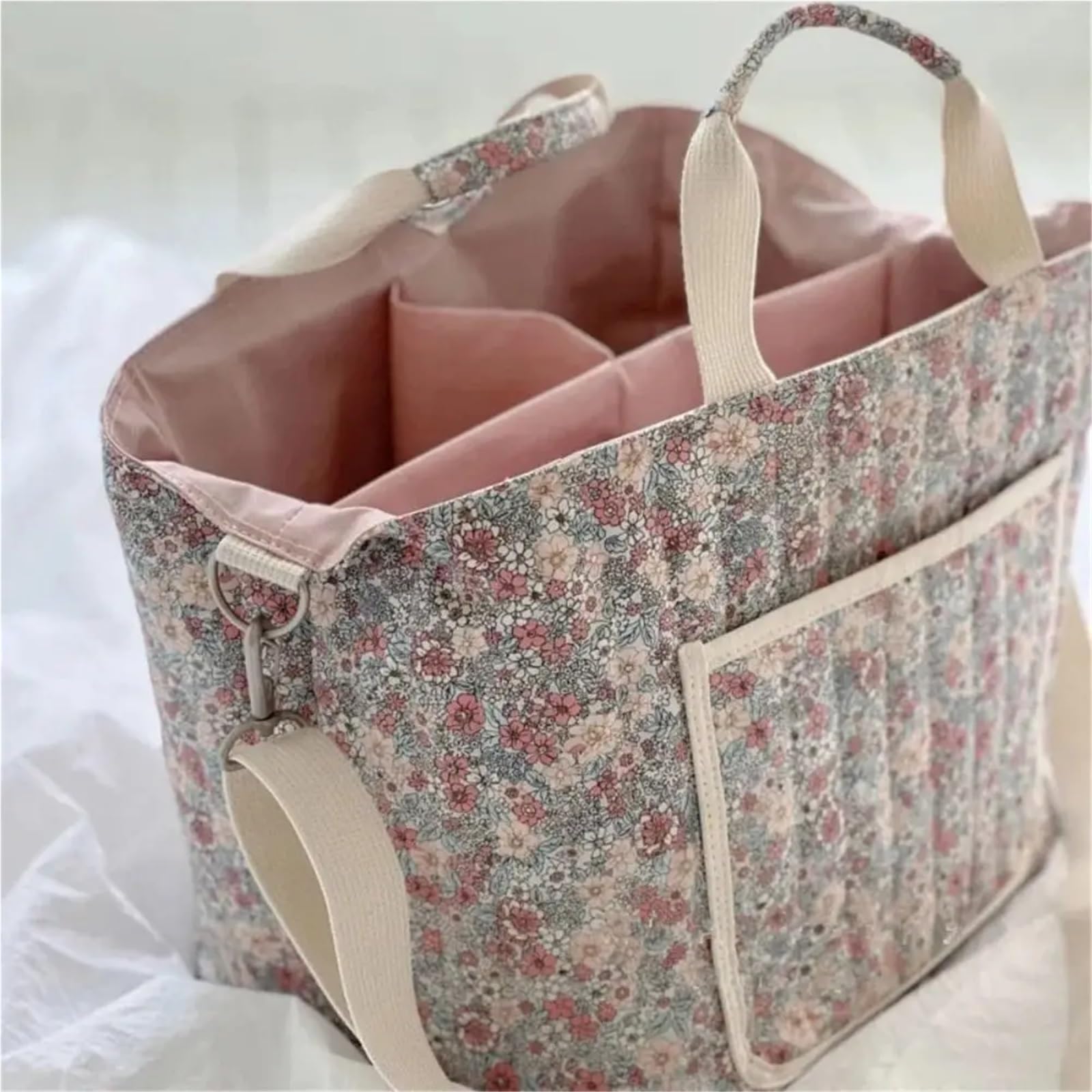 Tragbare Blumendruck-Mama-Kindertasche, multifunktionale Baumwoll-Umhängetasche, große Kapazität, Handtasche, Aufbewahrungstasche, Mutter-Kind-Kinderwagen-Taschen-Organizer